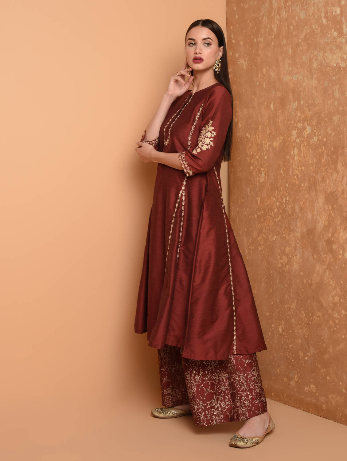 Kaanchie Nanggia Maroon Silk Kurta With Chanderi Palazzo And Dupatta (Set Of 3)