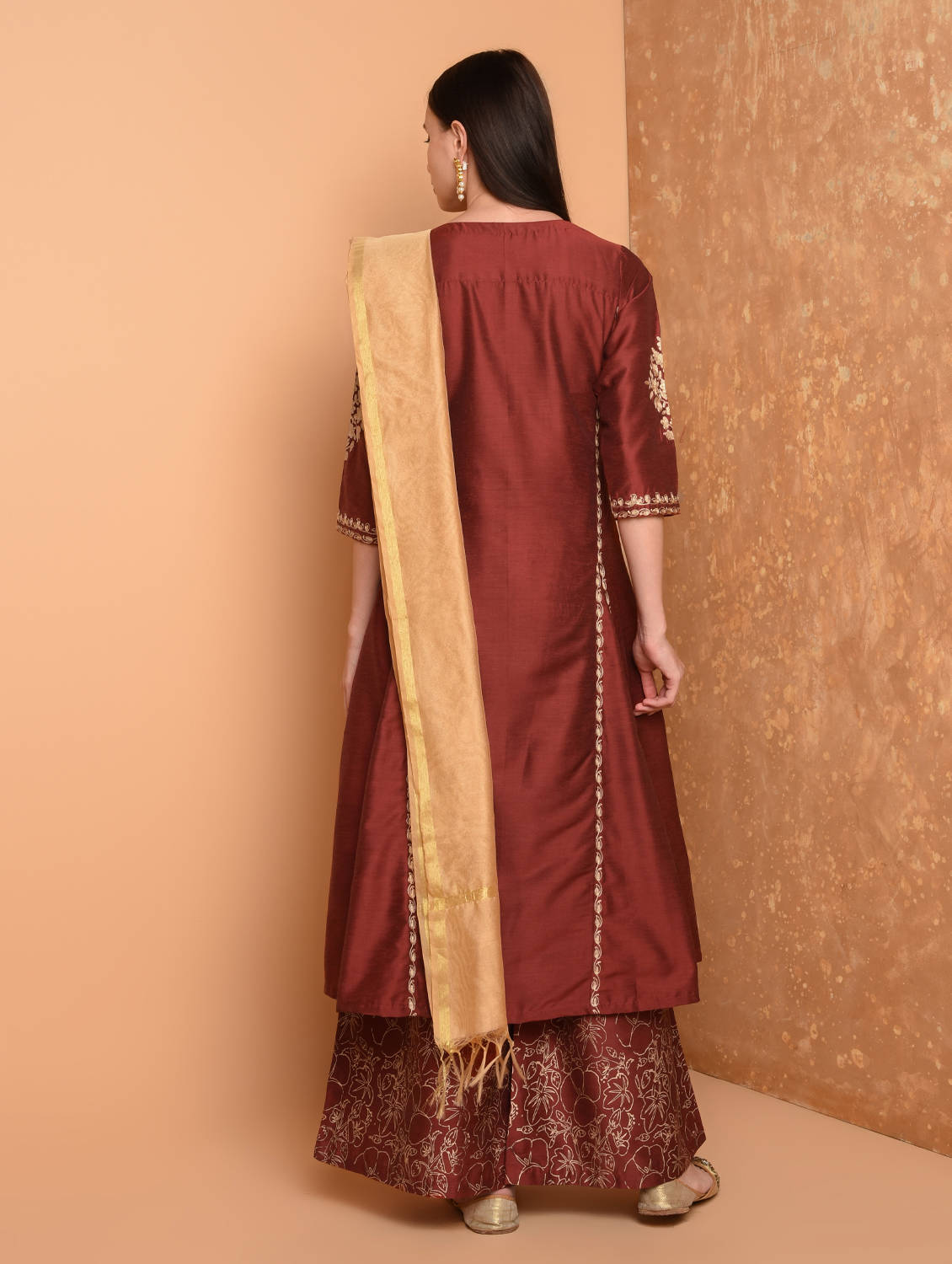 Kaanchie Nanggia Maroon Silk Kurta With Chanderi Palazzo And Dupatta (Set Of 3)