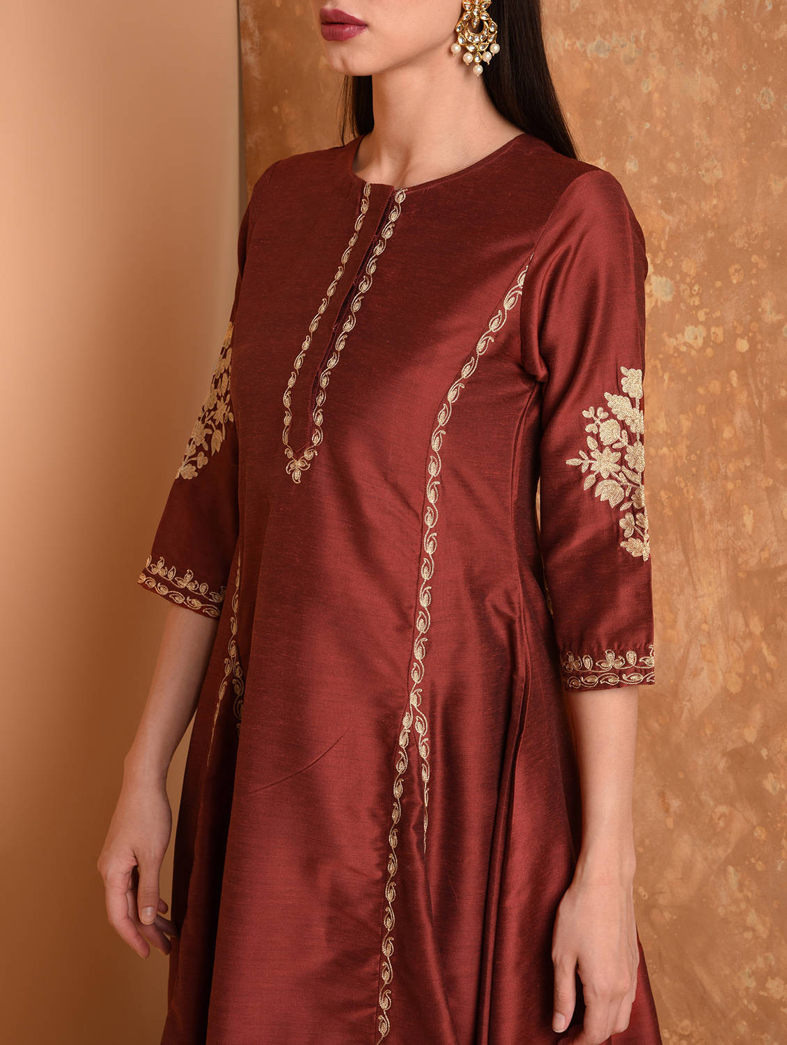 Kaanchie Nanggia Maroon Silk Kurta With Chanderi Palazzo And Dupatta (Set Of 3)