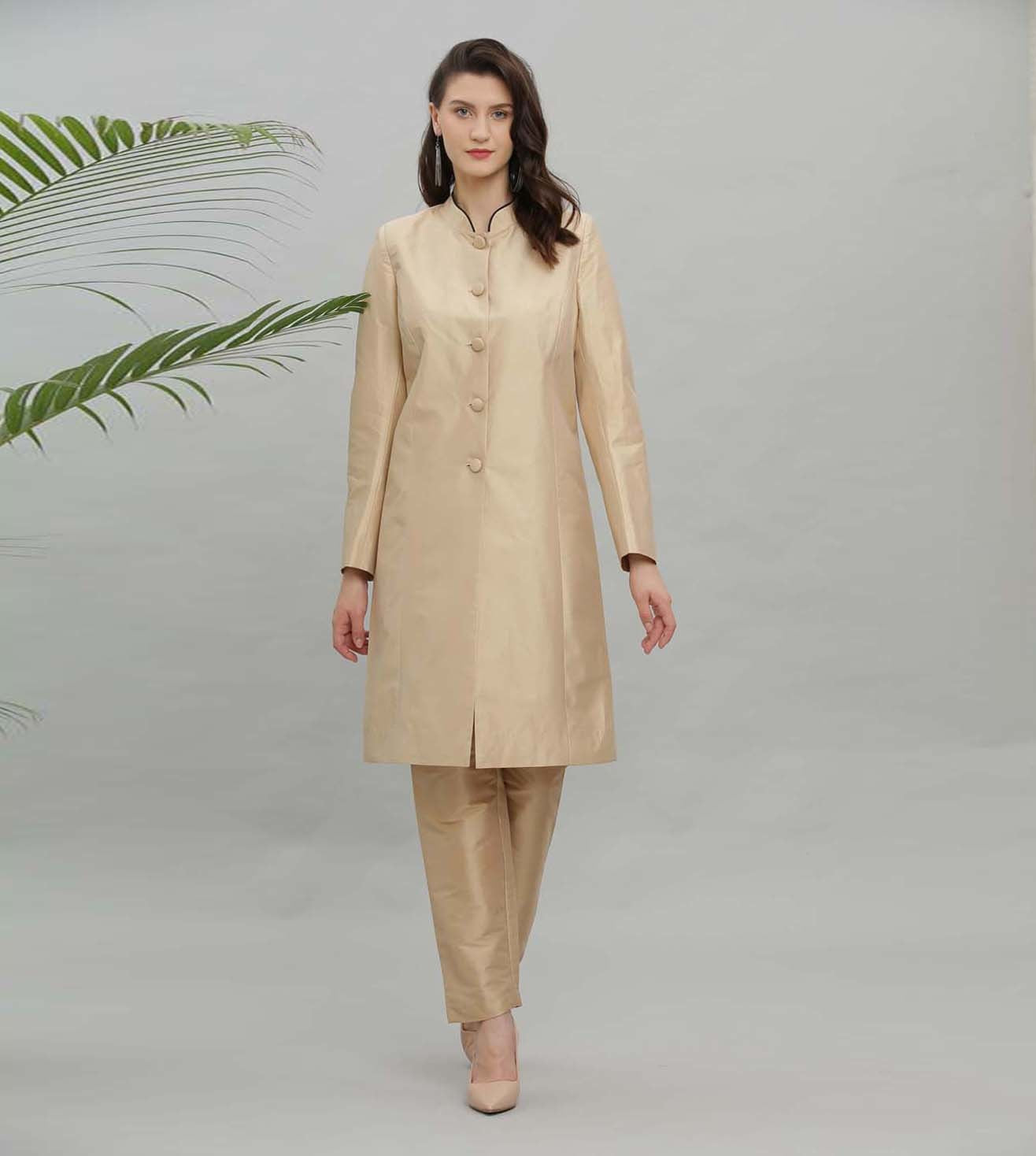 Kaanchie Nanggia Gold Solid Jacket Kurta And Pant - (Set of 2)