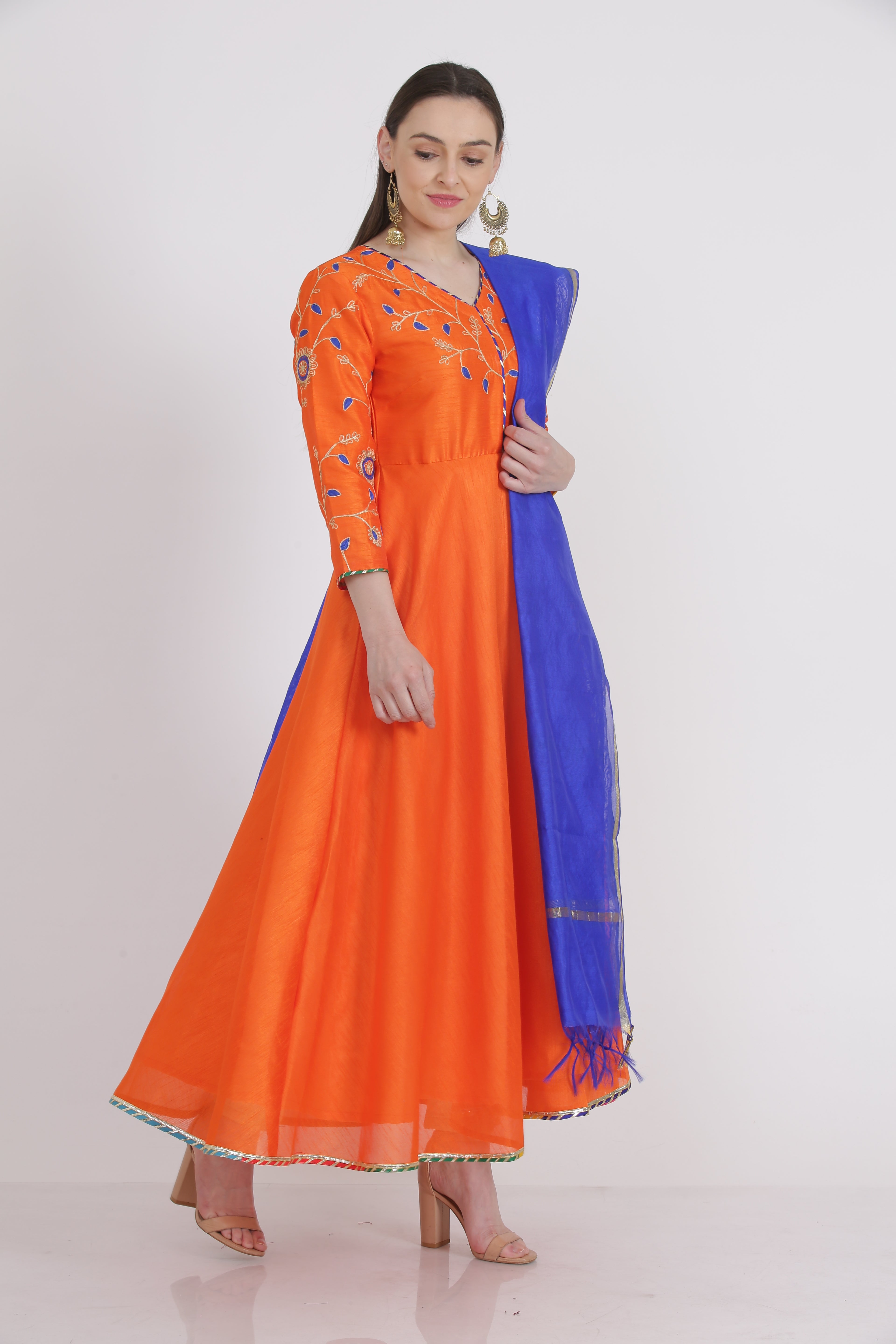 Kaanchie Nanggia Orange Embroidered Kurta And Pant With Dupatta (Set of 3)