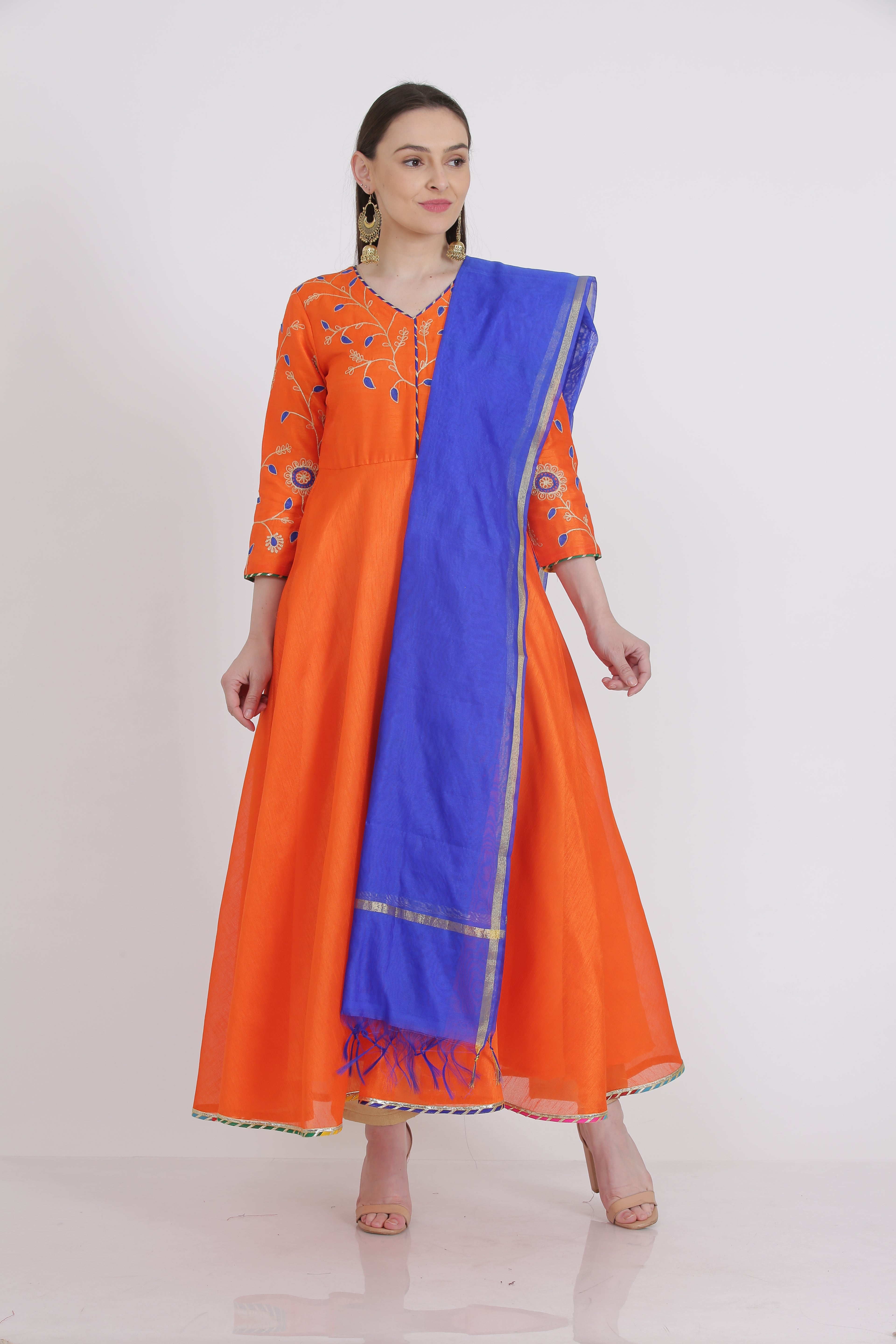 Kaanchie Nanggia Orange Embroidered Kurta And Pant With Dupatta (Set of 3)