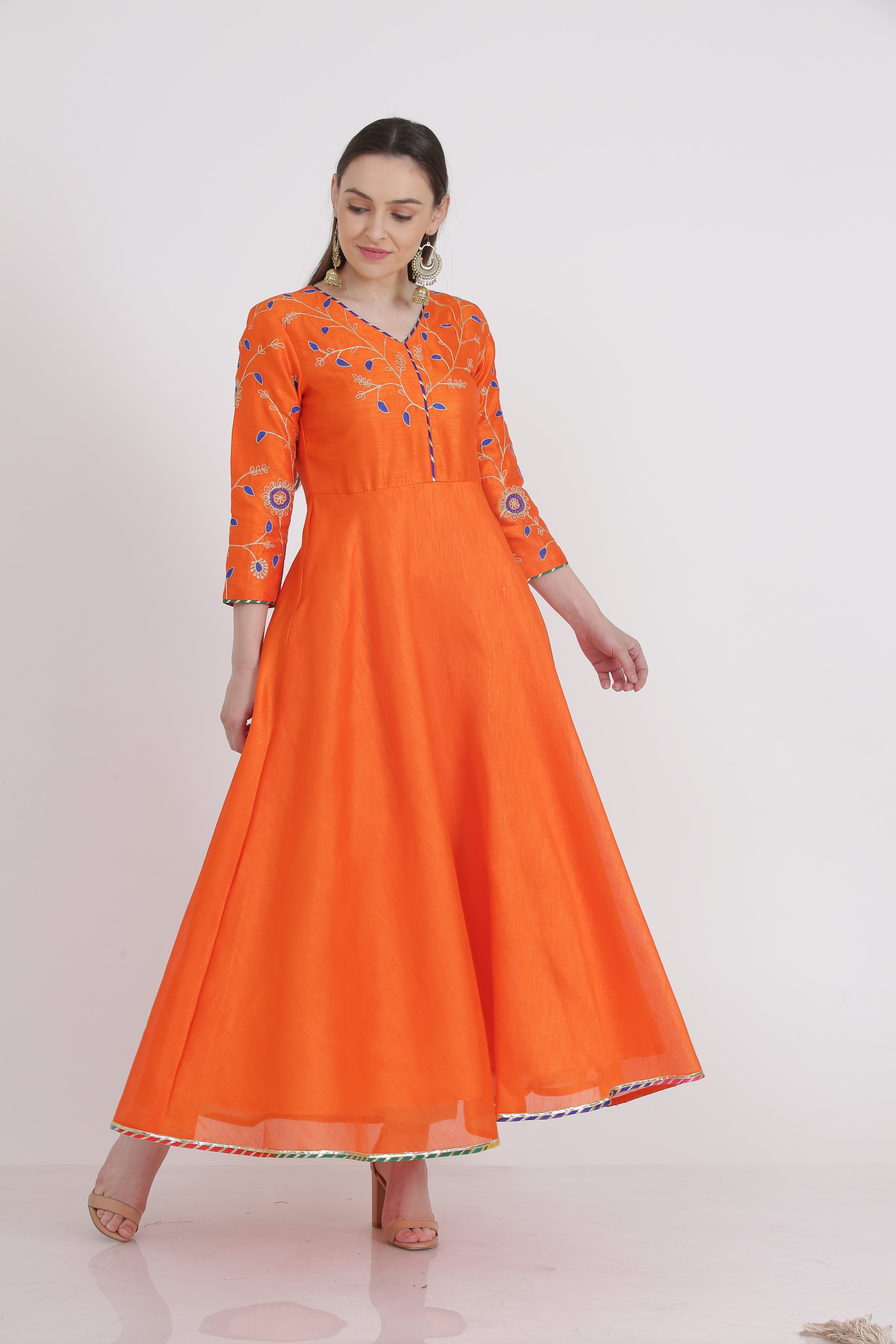 Kaanchie Nanggia Orange Embroidered Kurta And Pant With Dupatta (Set of 3)