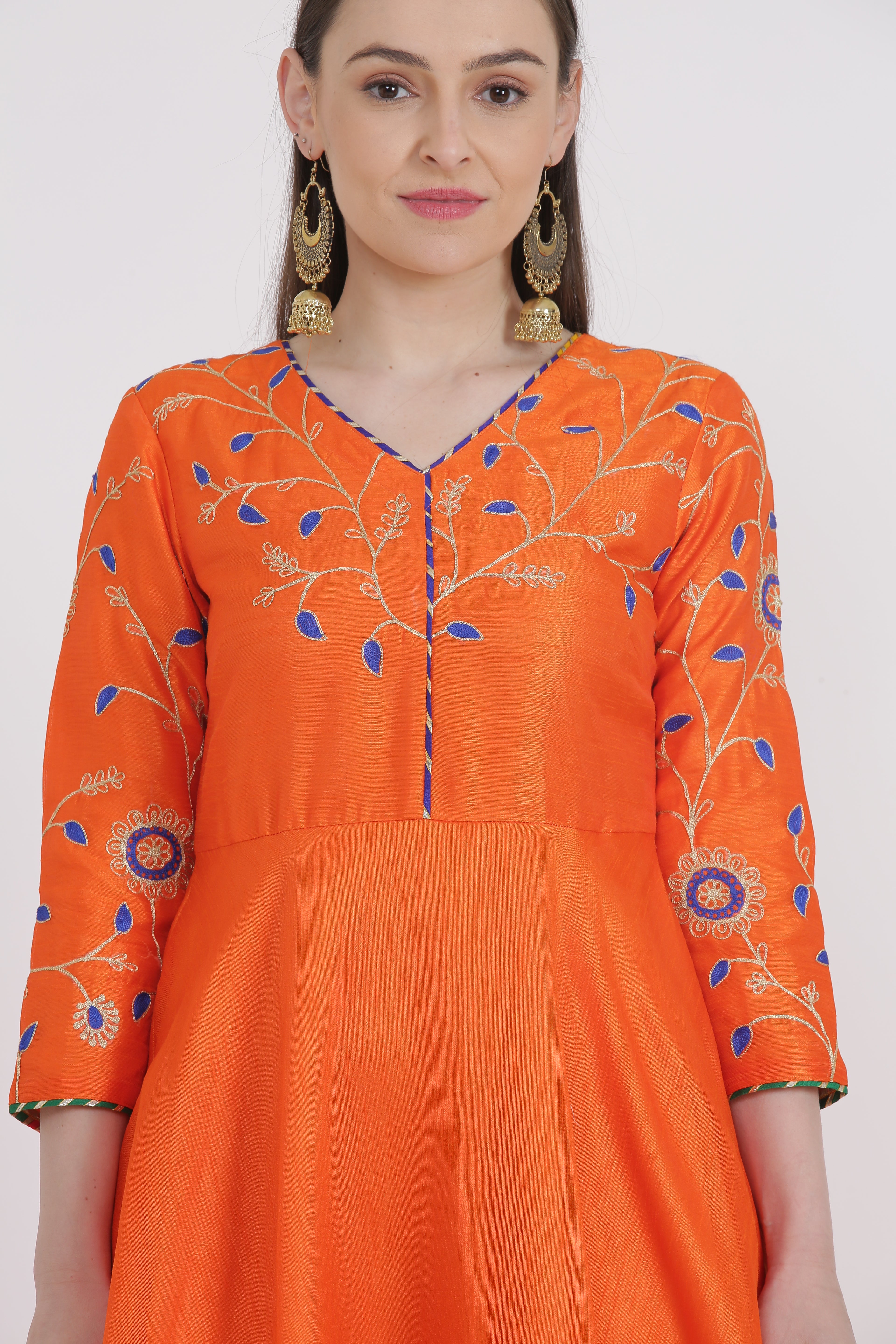 Kaanchie Nanggia Orange Embroidered Kurta And Pant With Dupatta (Set of 3)