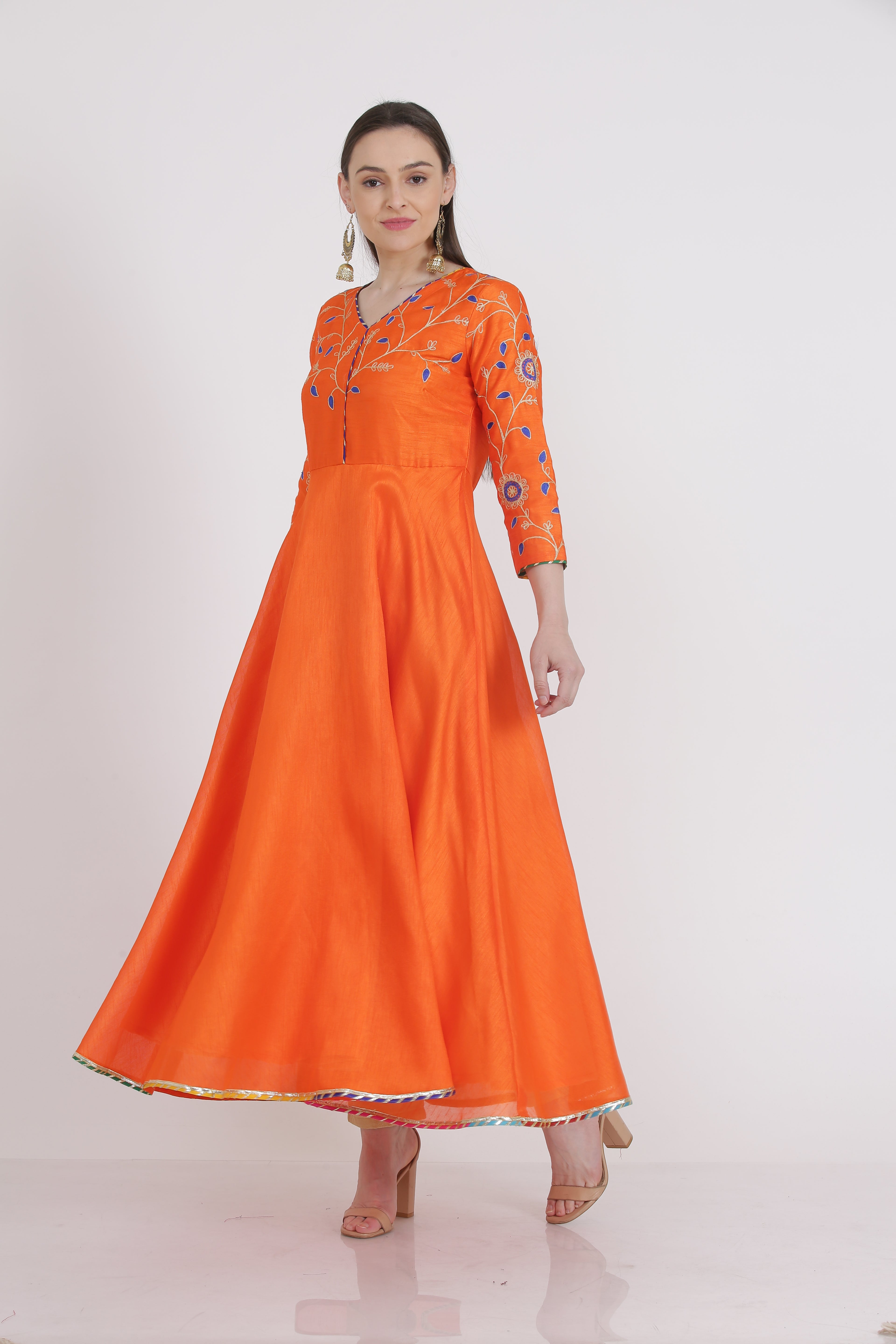 Kaanchie Nanggia Orange Embroidered Kurta And Pant With Dupatta (Set of 3)