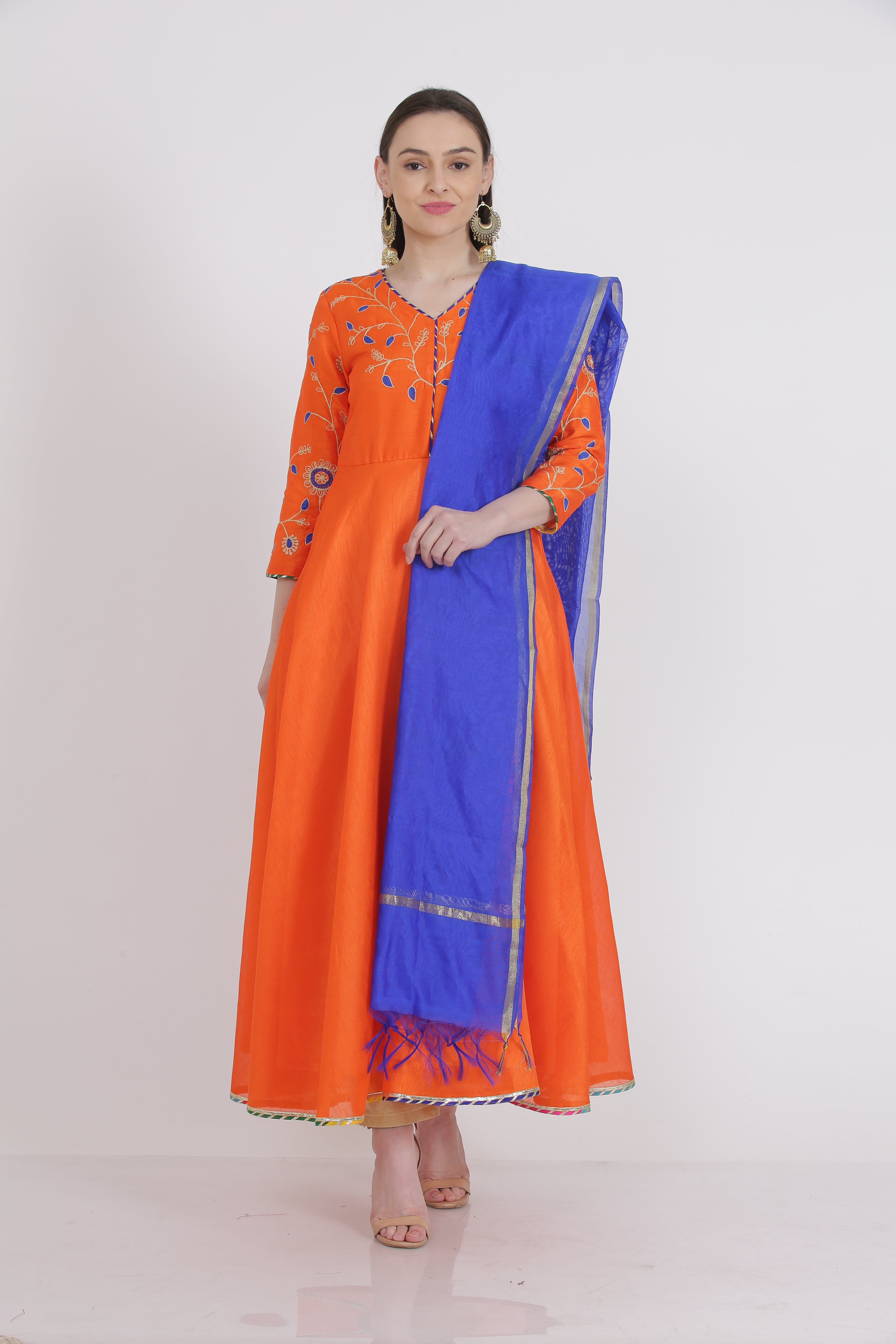 Kaanchie Nanggia Orange Embroidered Kurta And Pant With Dupatta (Set of 3)