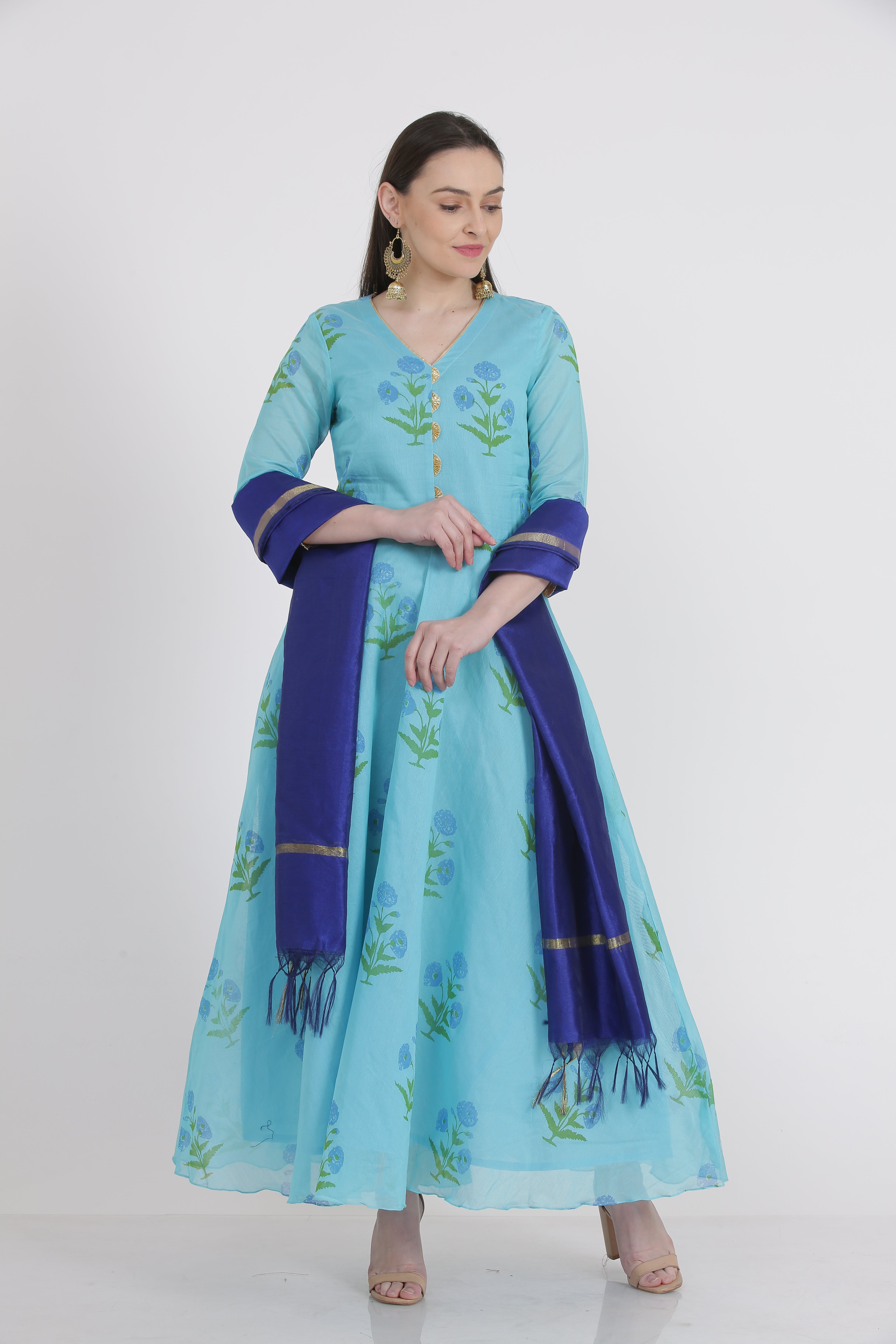 Kaanchie Nanggia Aqua Printed Kurta And Legging With Dupatta (Set of 3)