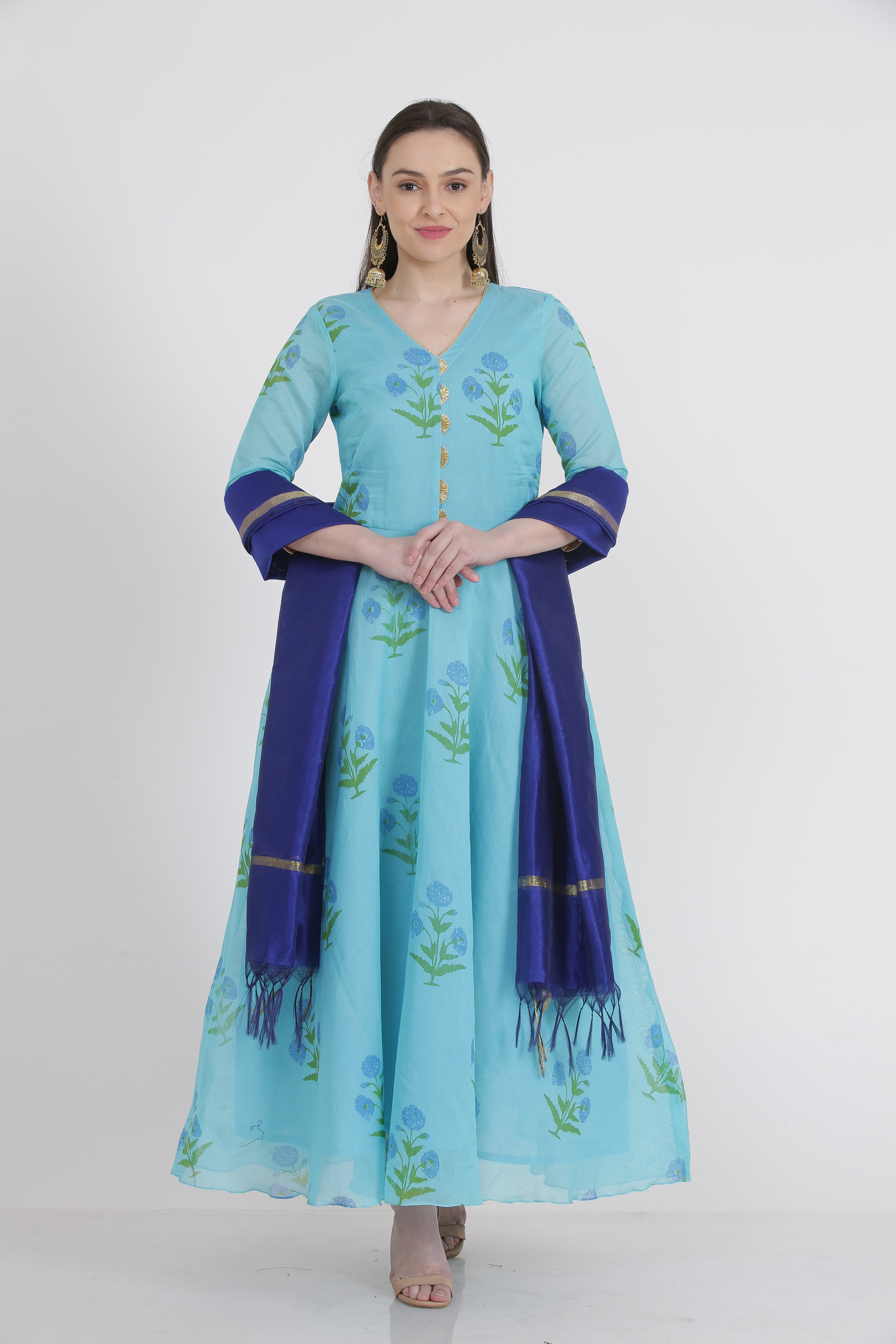 Kaanchie Nanggia Aqua Printed Kurta And Legging With Dupatta (Set of 3)