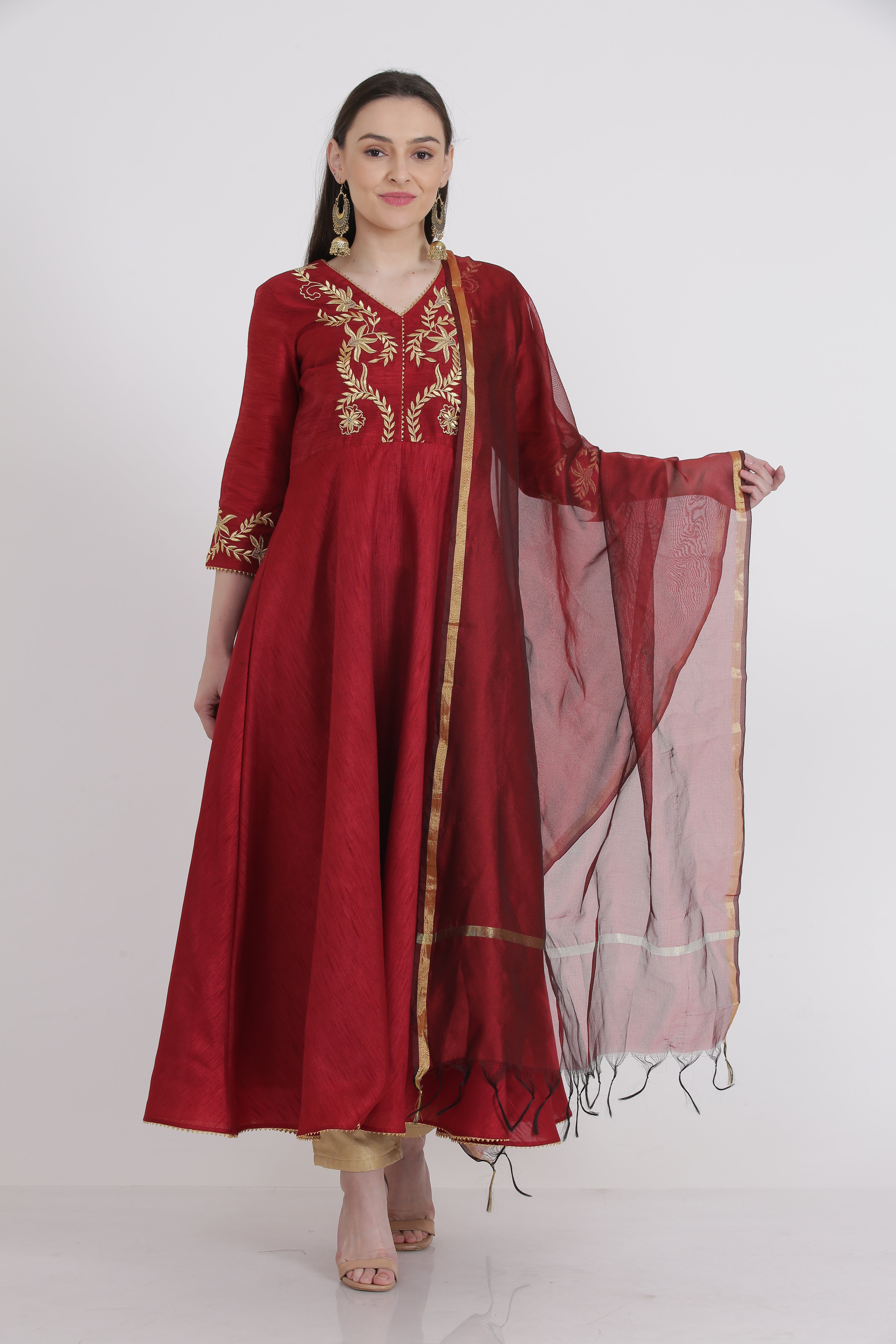 Kaanchie Nanggia Maroon Embroidered Kurta And Pant With Dupatta (Set of 3)