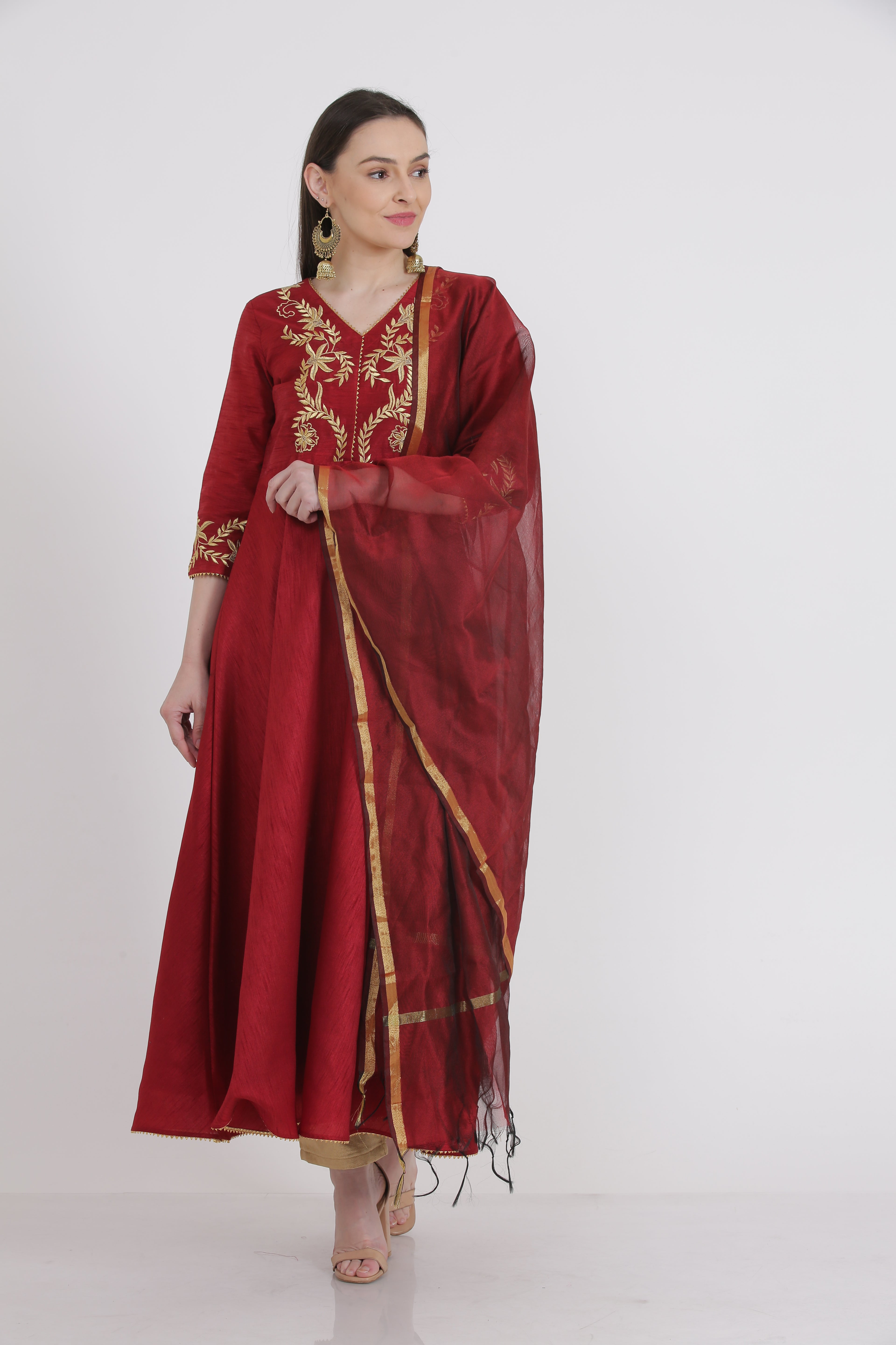 Kaanchie Nanggia Maroon Embroidered Kurta And Pant With Dupatta (Set of 3)