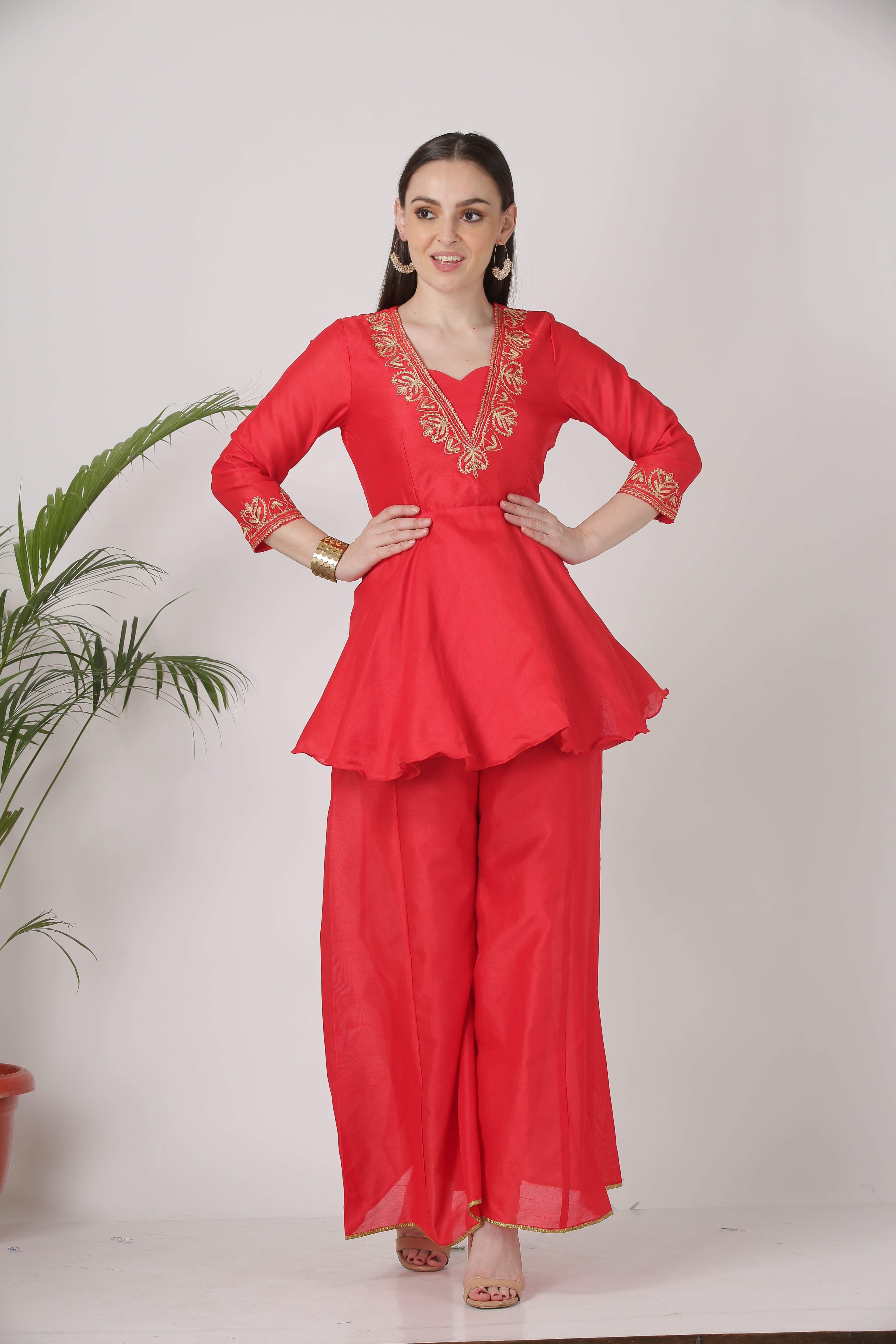 Kaanchie Nanggia Red Embroidered Short Length Kurta With Palazzo (Set of 2)