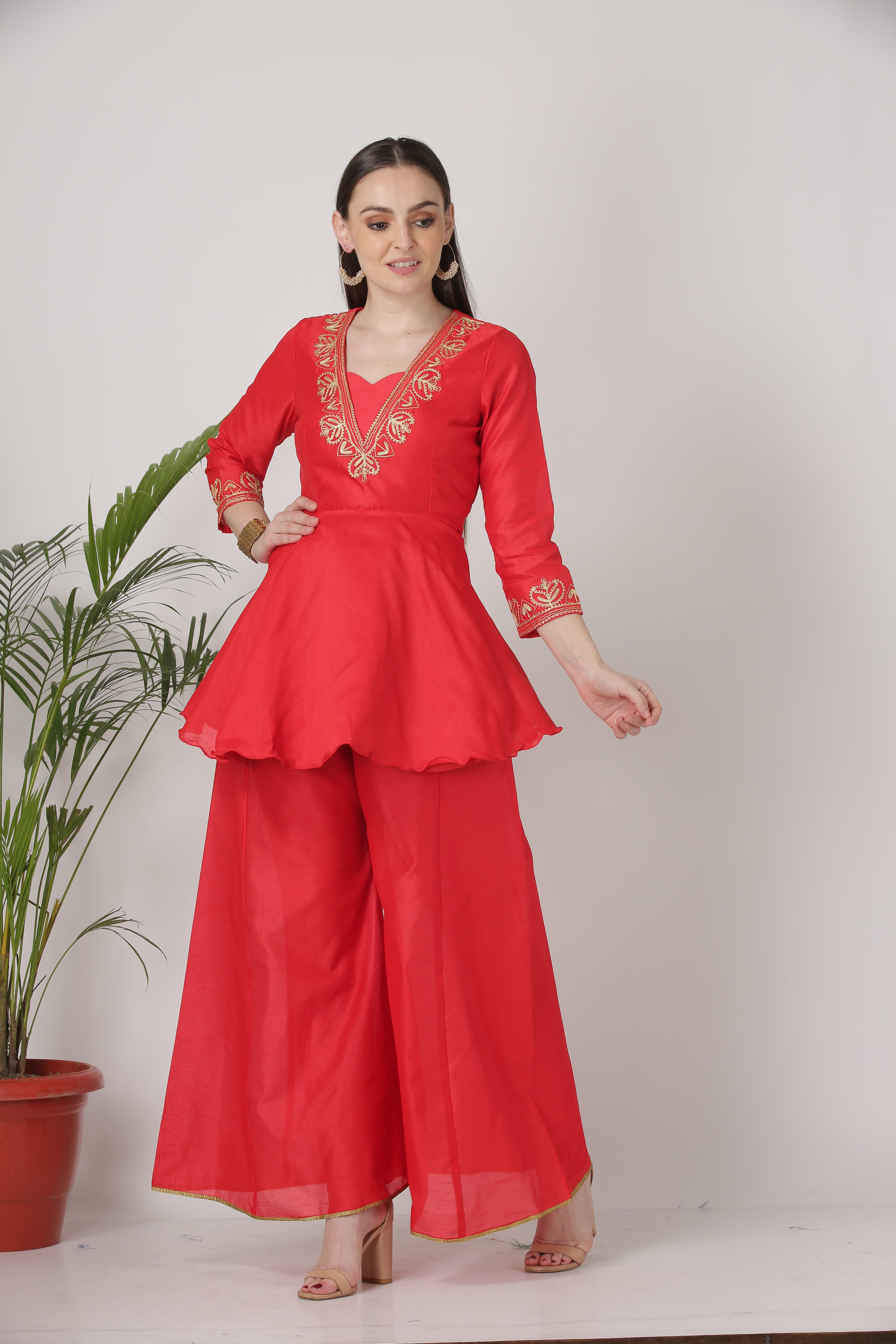 Kaanchie Nanggia Red Embroidered Short Length Kurta With Palazzo (Set of 2)