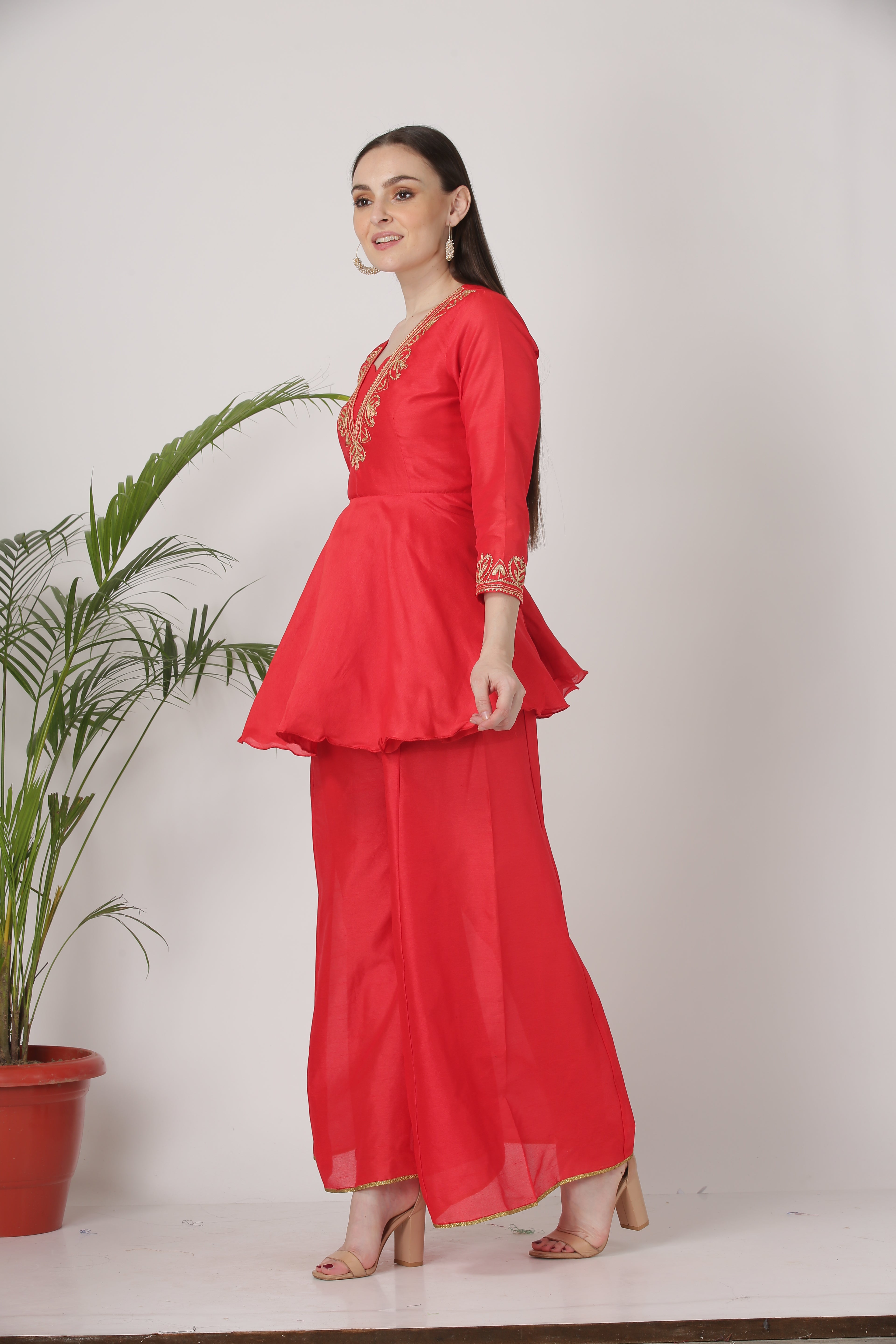 Kaanchie Nanggia Red Embroidered Short Length Kurta With Palazzo (Set of 2)