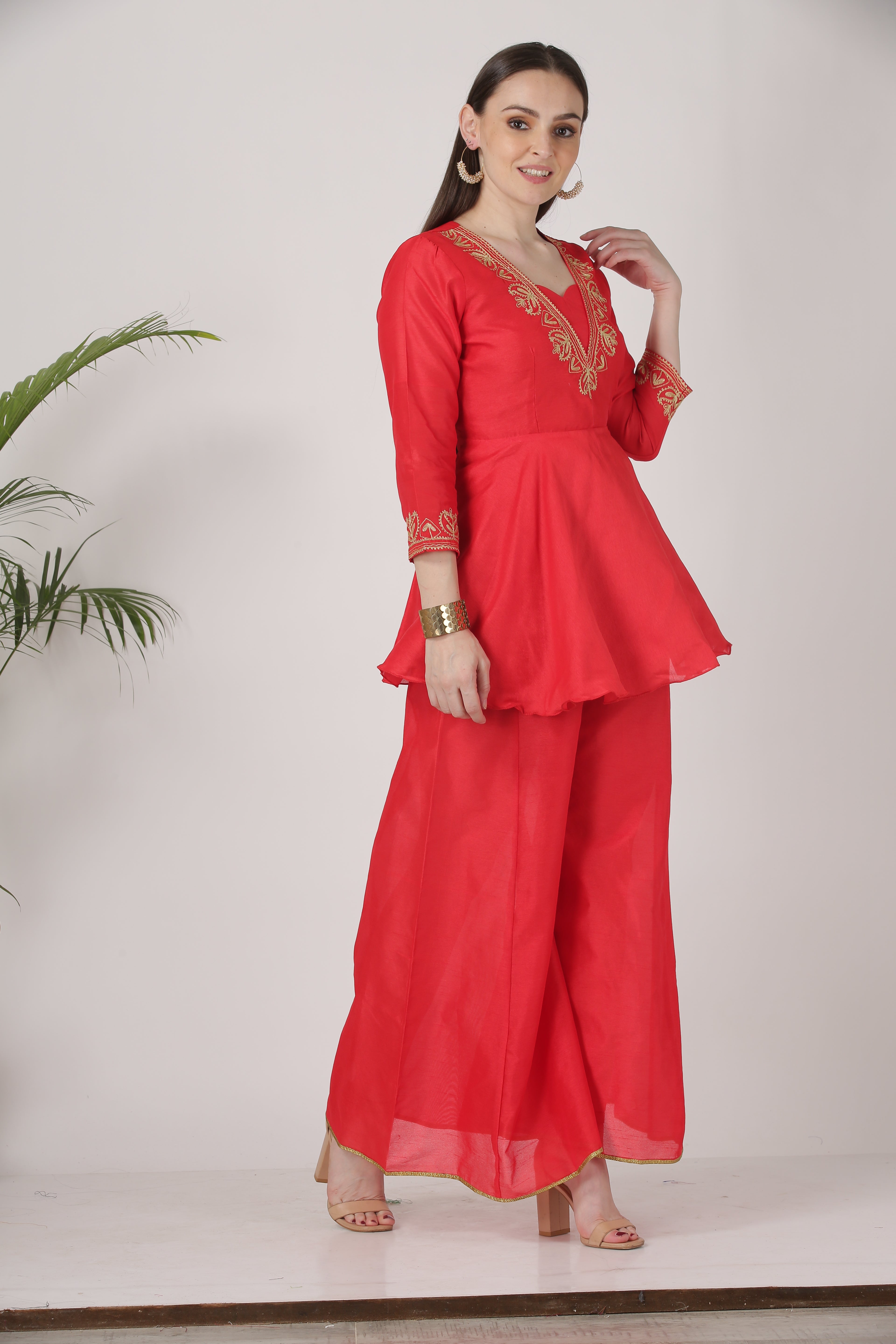 Kaanchie Nanggia Red Embroidered Short Length Kurta With Palazzo (Set of 2)