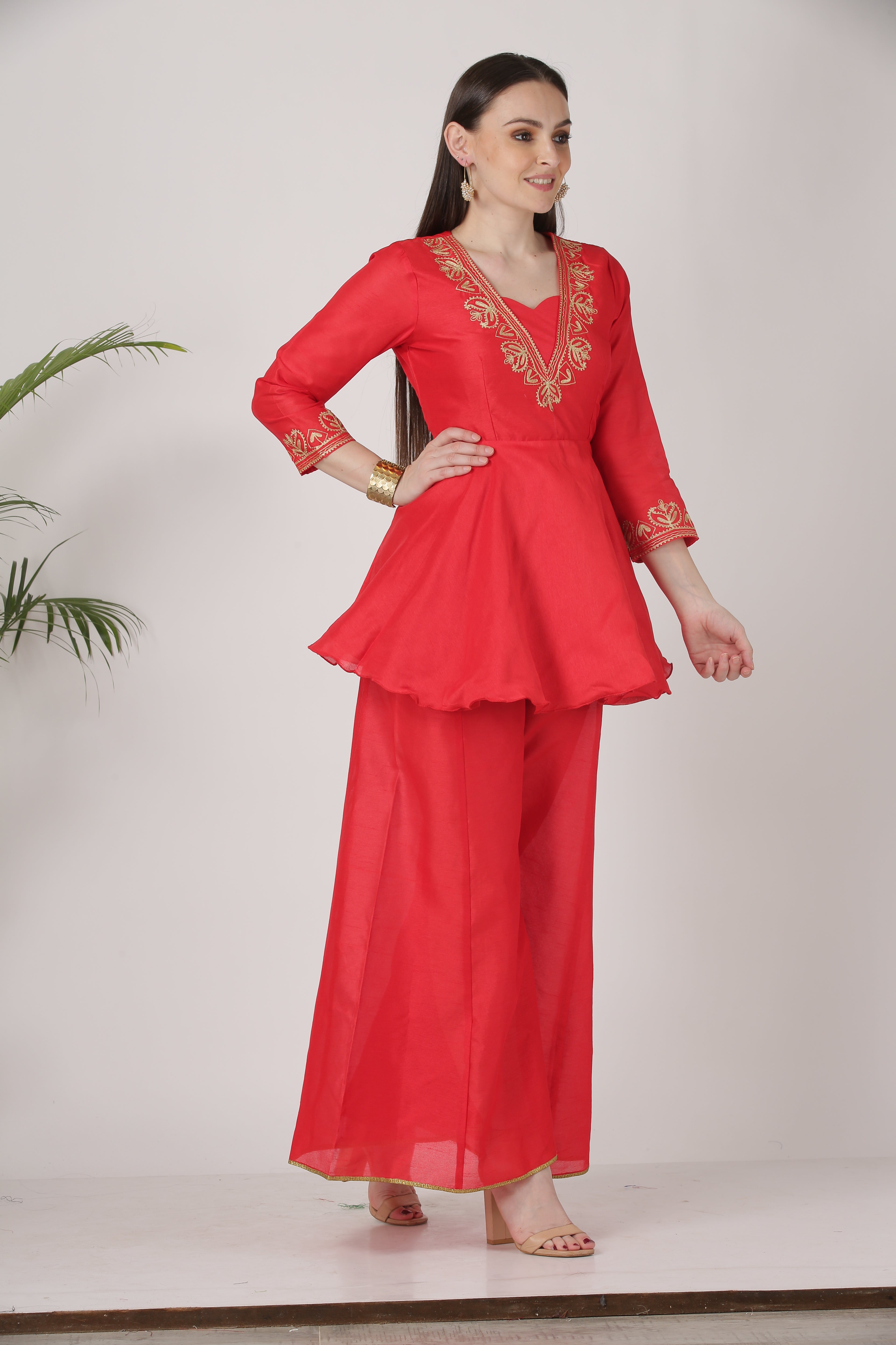 Kaanchie Nanggia Red Embroidered Short Length Kurta With Palazzo (Set of 2)