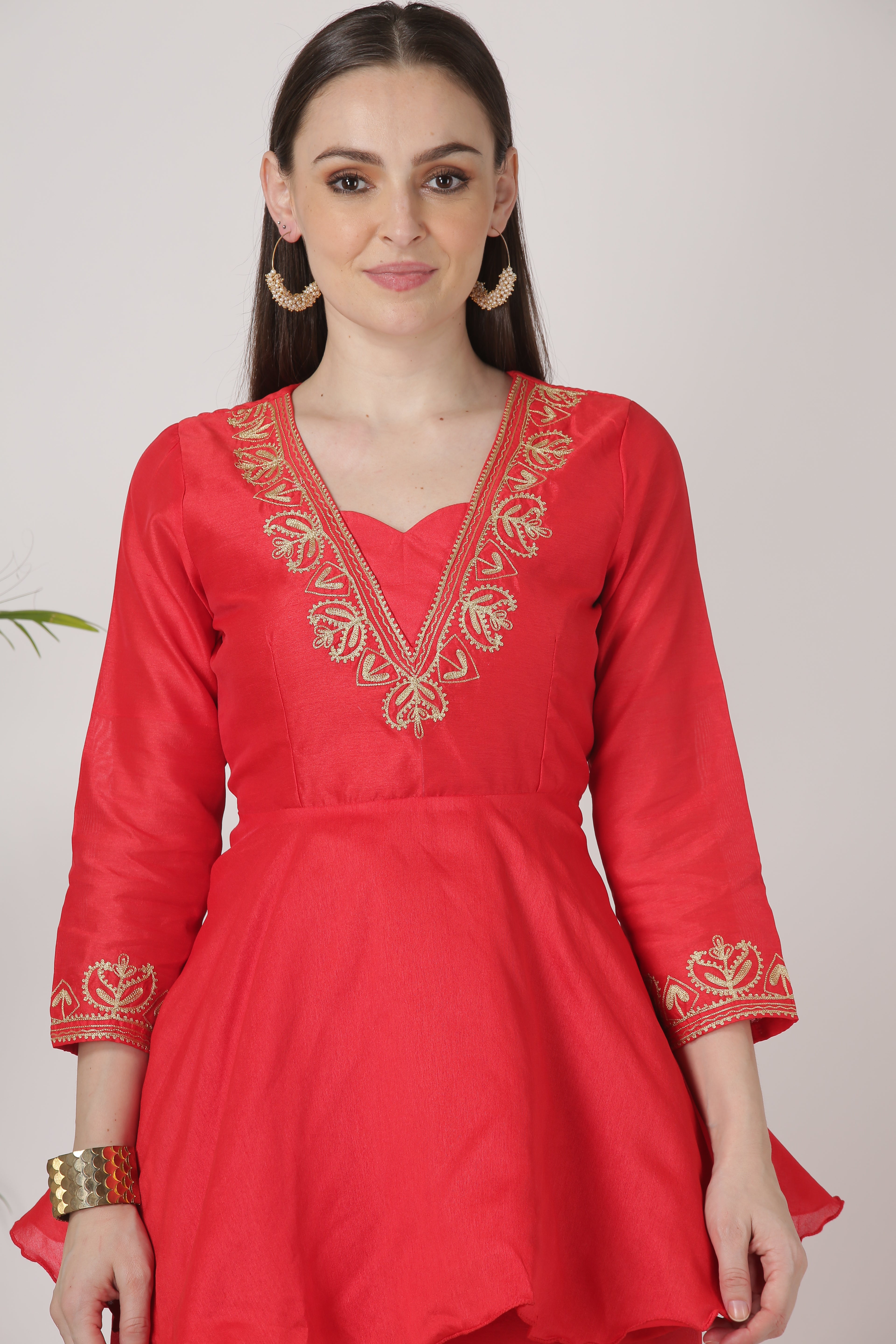 Kaanchie Nanggia Red Embroidered Short Length Kurta With Palazzo (Set of 2)