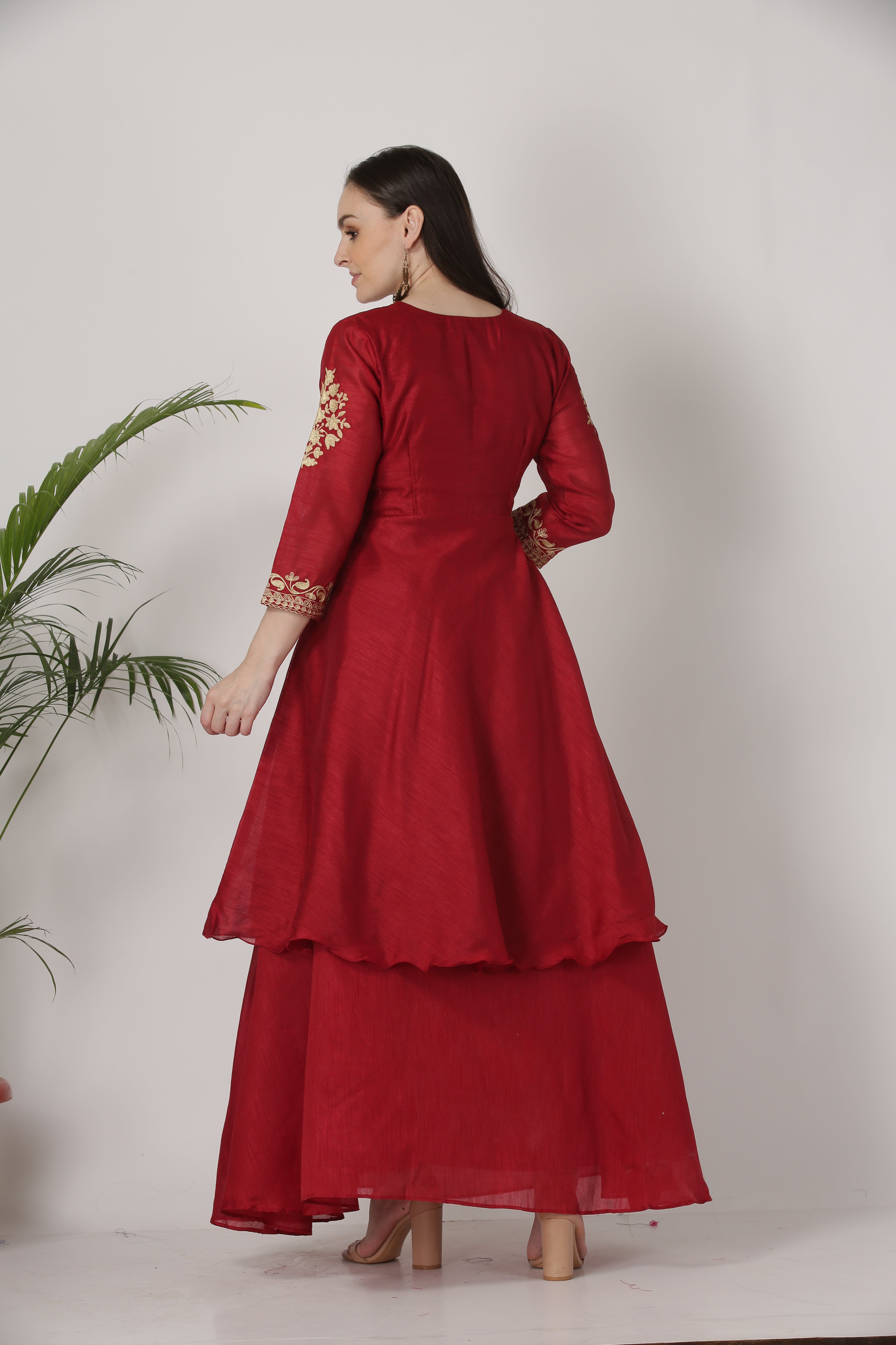 Kaanchie Nanggia Maroon Embroidered Short Length Kurta With Skirt (Set of 2)