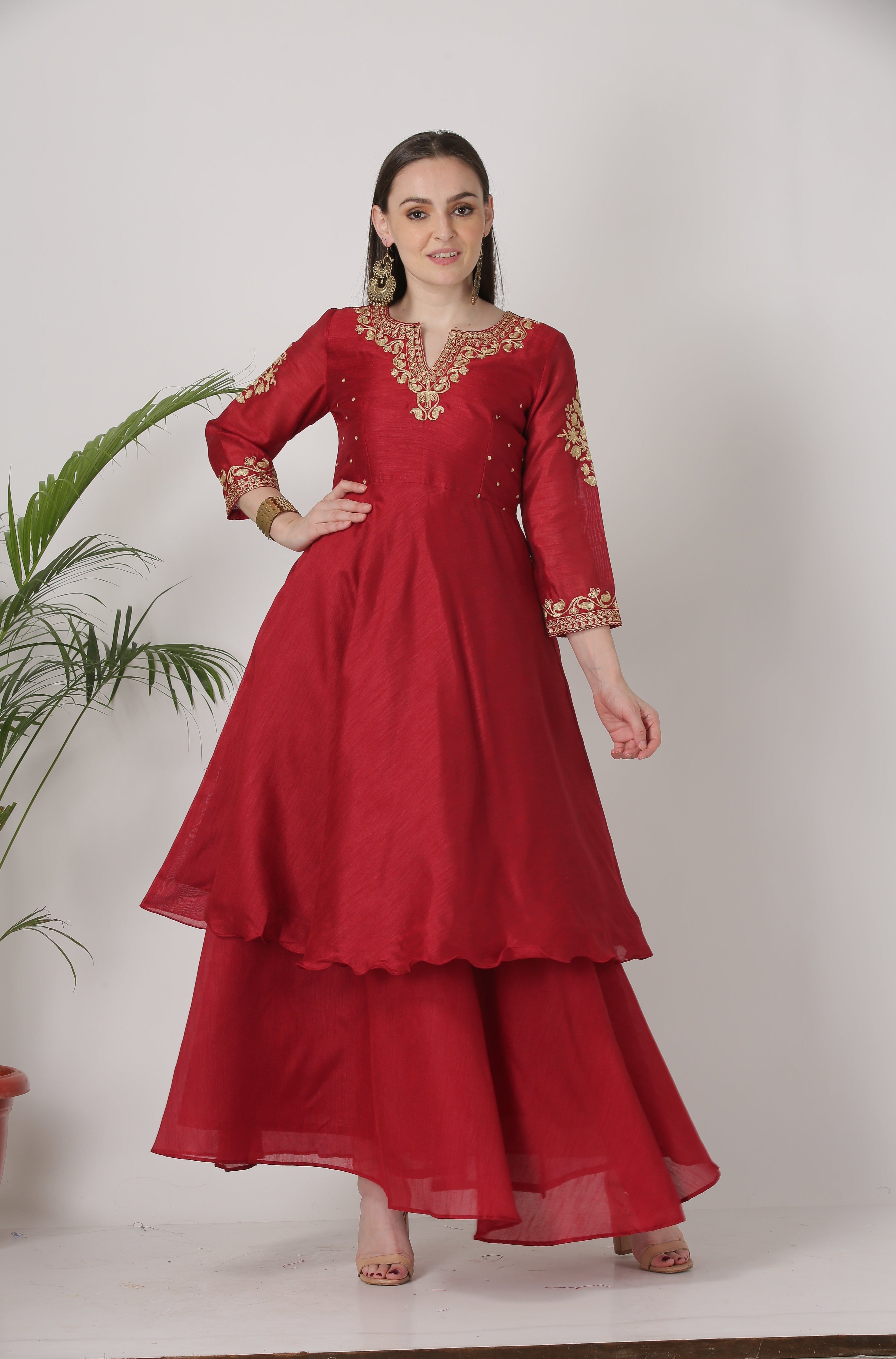 Kaanchie Nanggia Maroon Embroidered Short Length Kurta With Skirt (Set of 2)