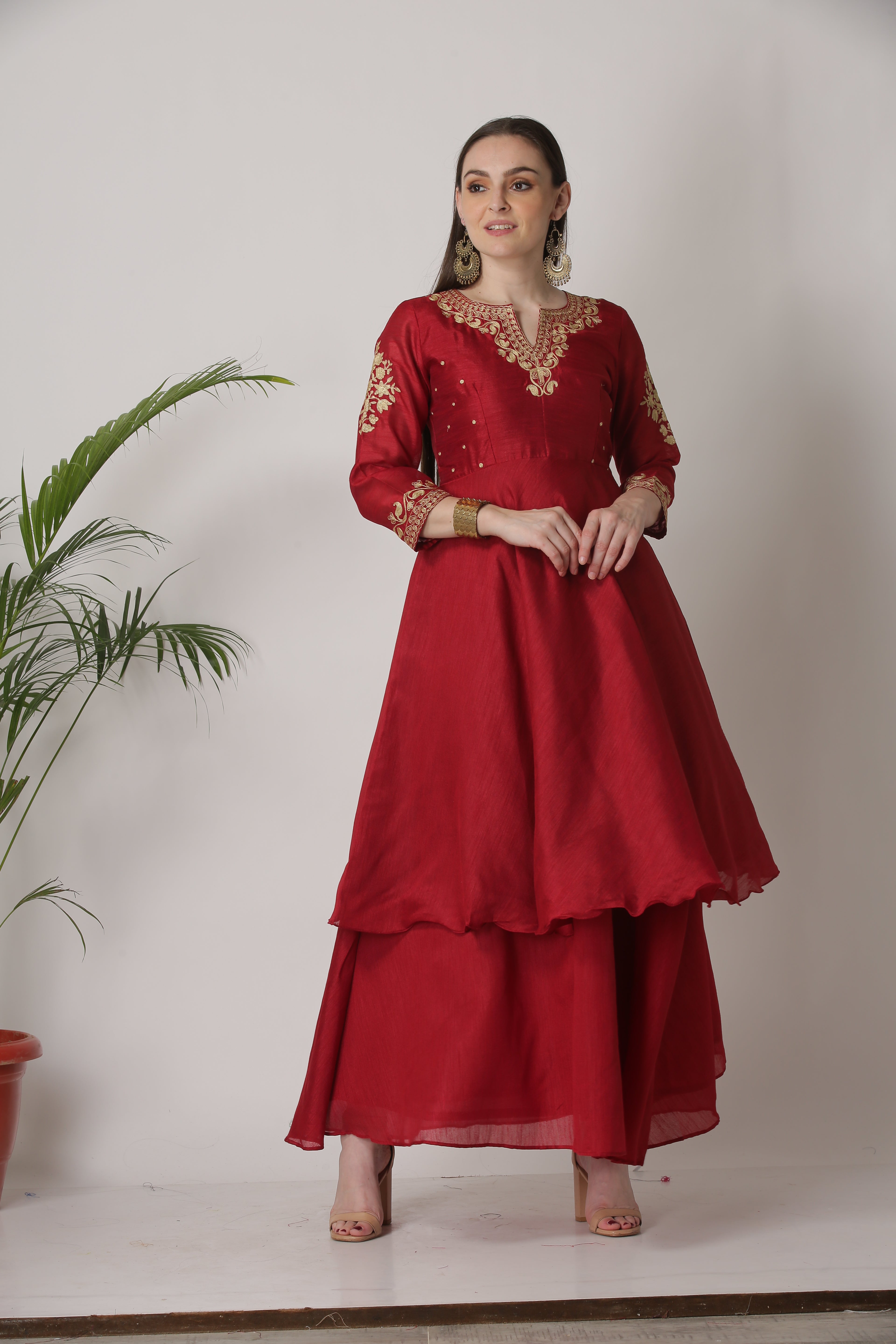 Kaanchie Nanggia Maroon Embroidered Short Length Kurta With Skirt (Set of 2)