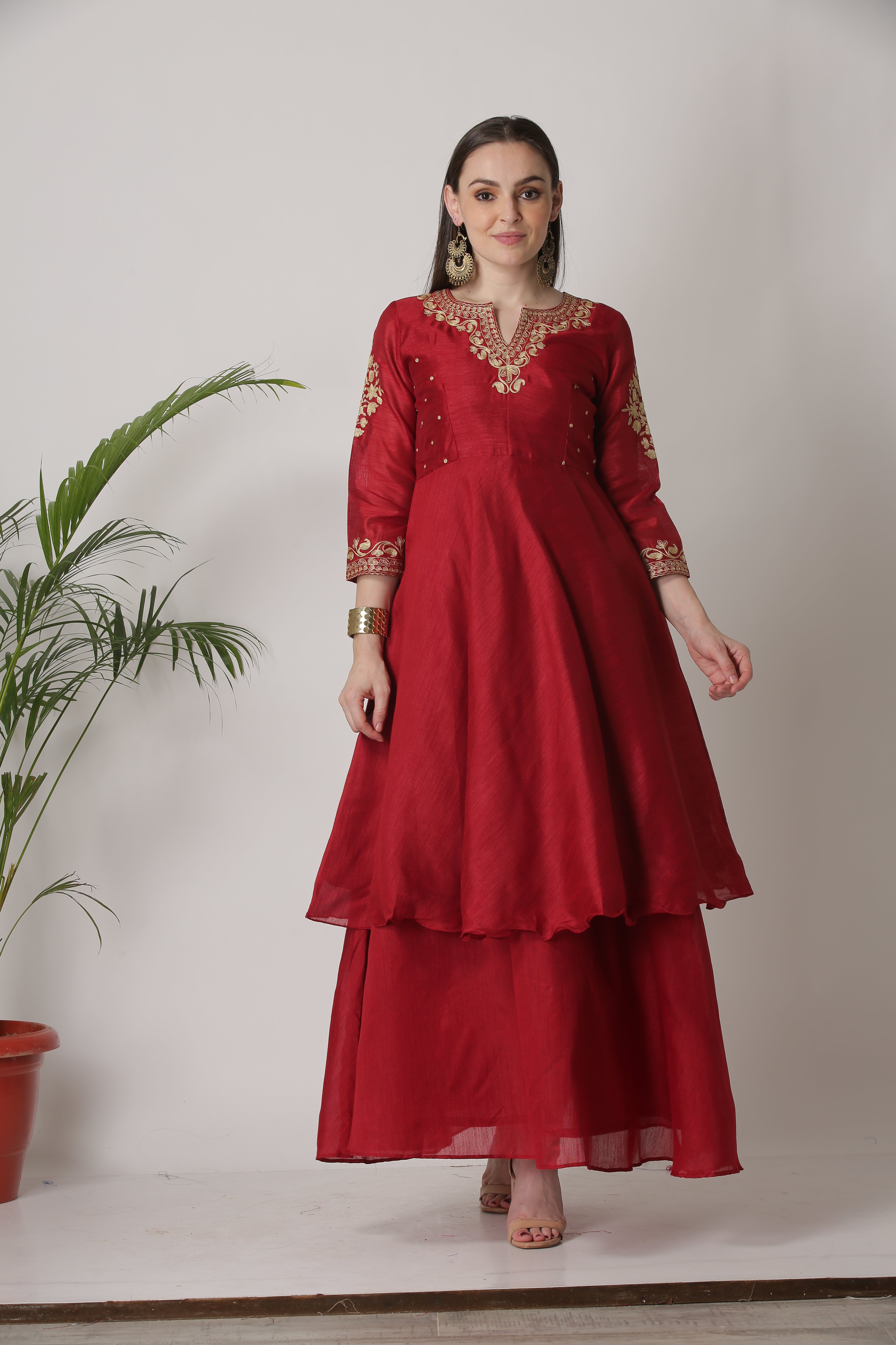 Kaanchie Nanggia Maroon Embroidered Short Length Kurta With Skirt (Set of 2)