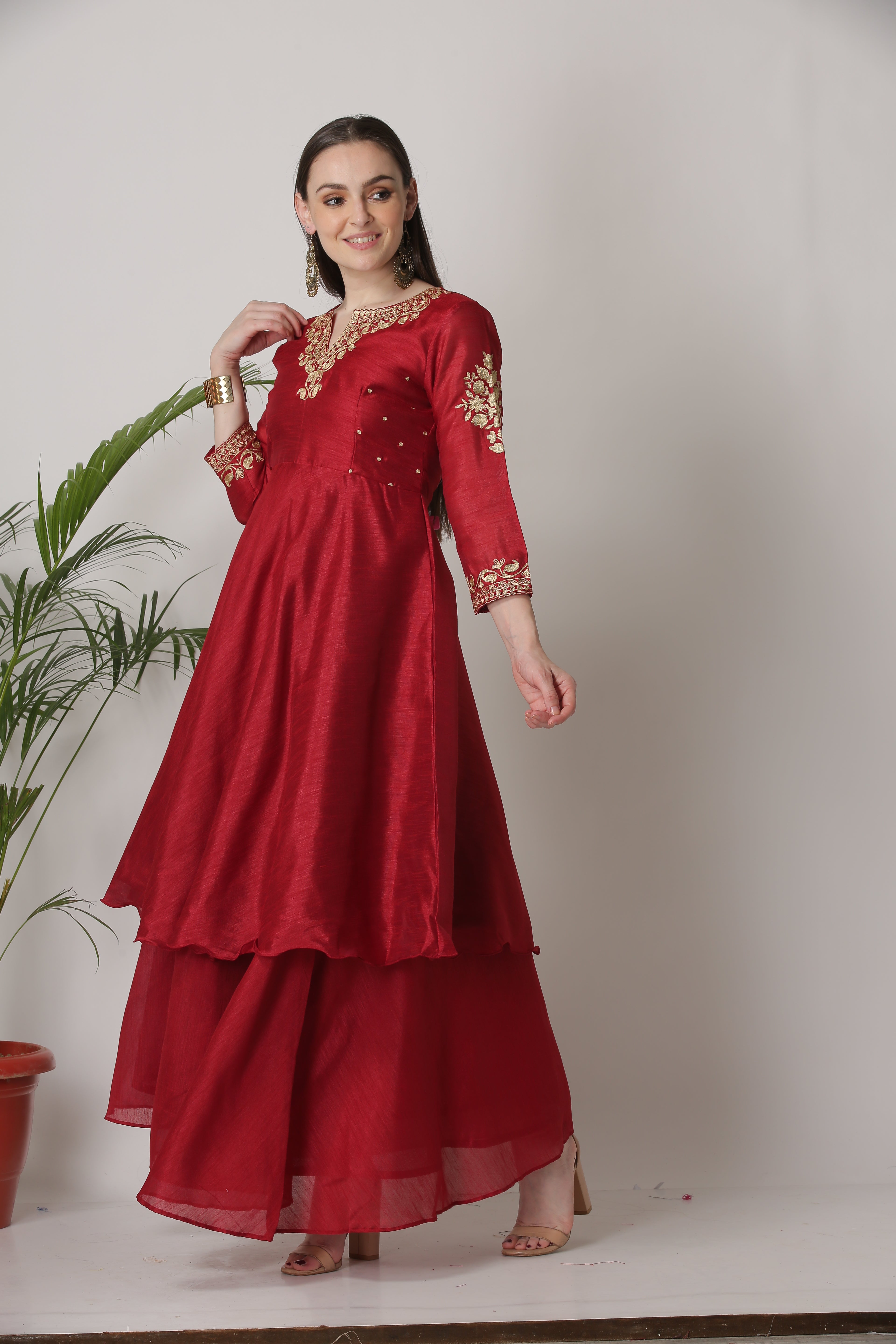 Kaanchie Nanggia Maroon Embroidered Short Length Kurta With Skirt (Set of 2)