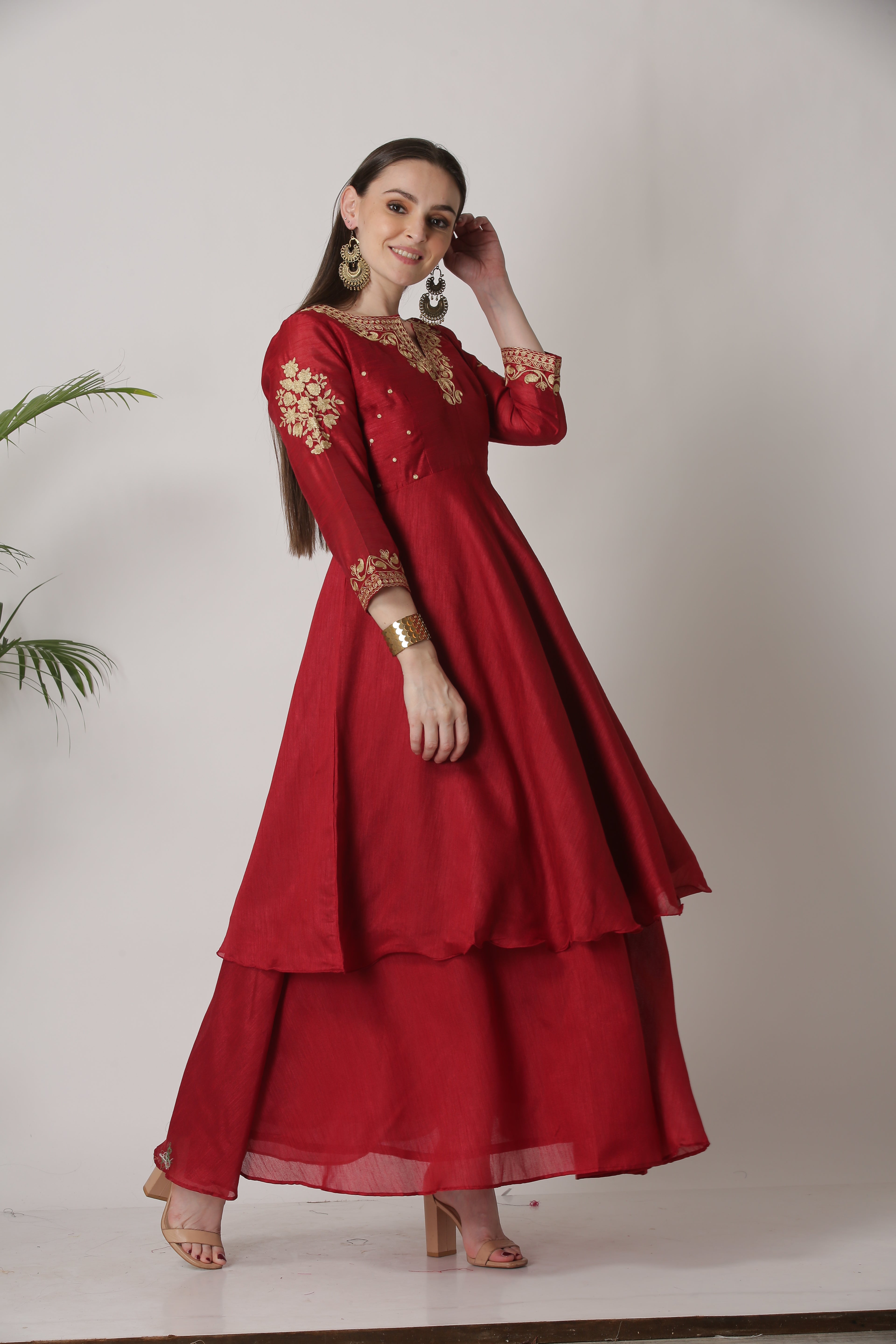 Kaanchie Nanggia Maroon Embroidered Short Length Kurta With Skirt (Set of 2)