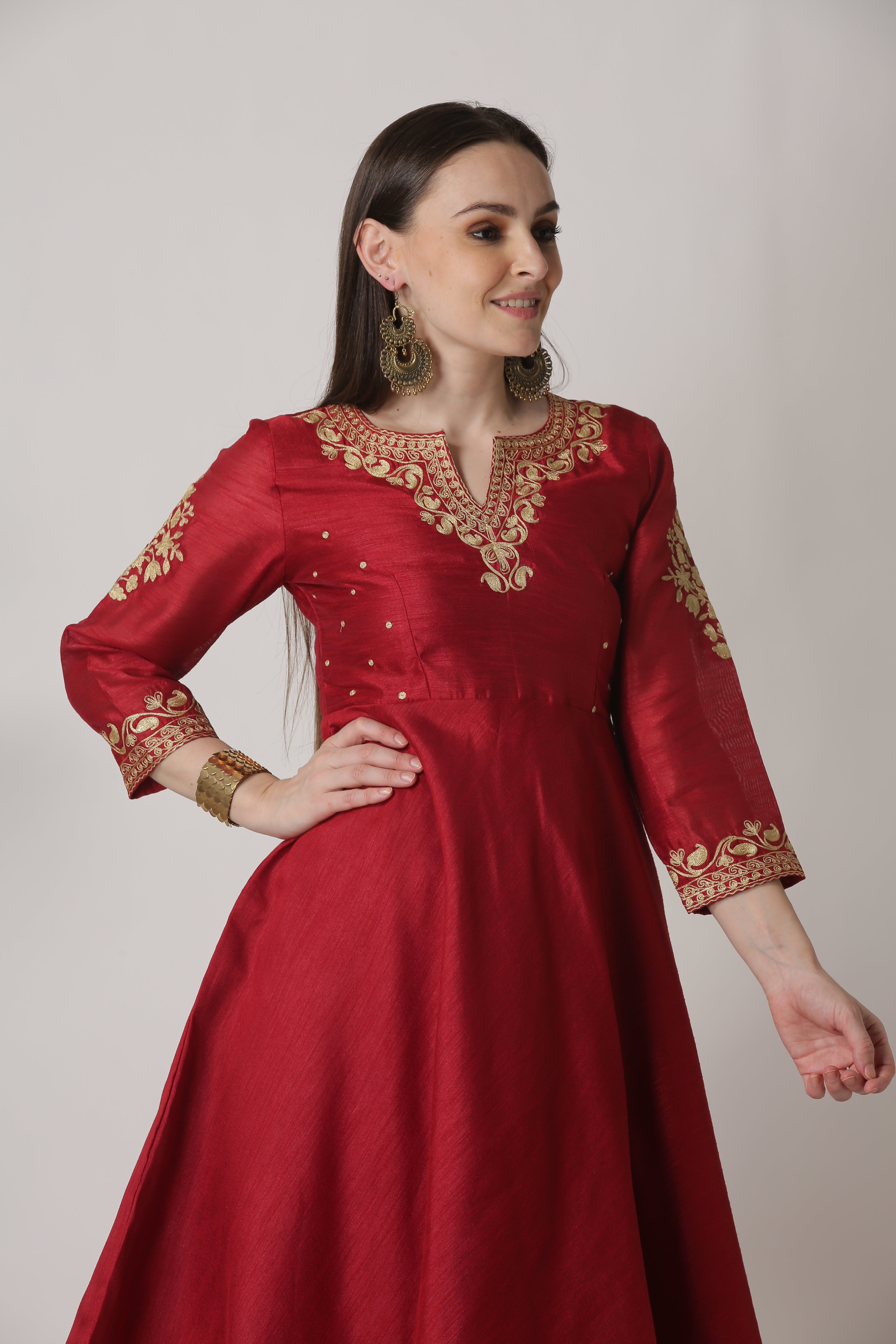 Kaanchie Nanggia Maroon Embroidered Short Length Kurta With Skirt (Set of 2)