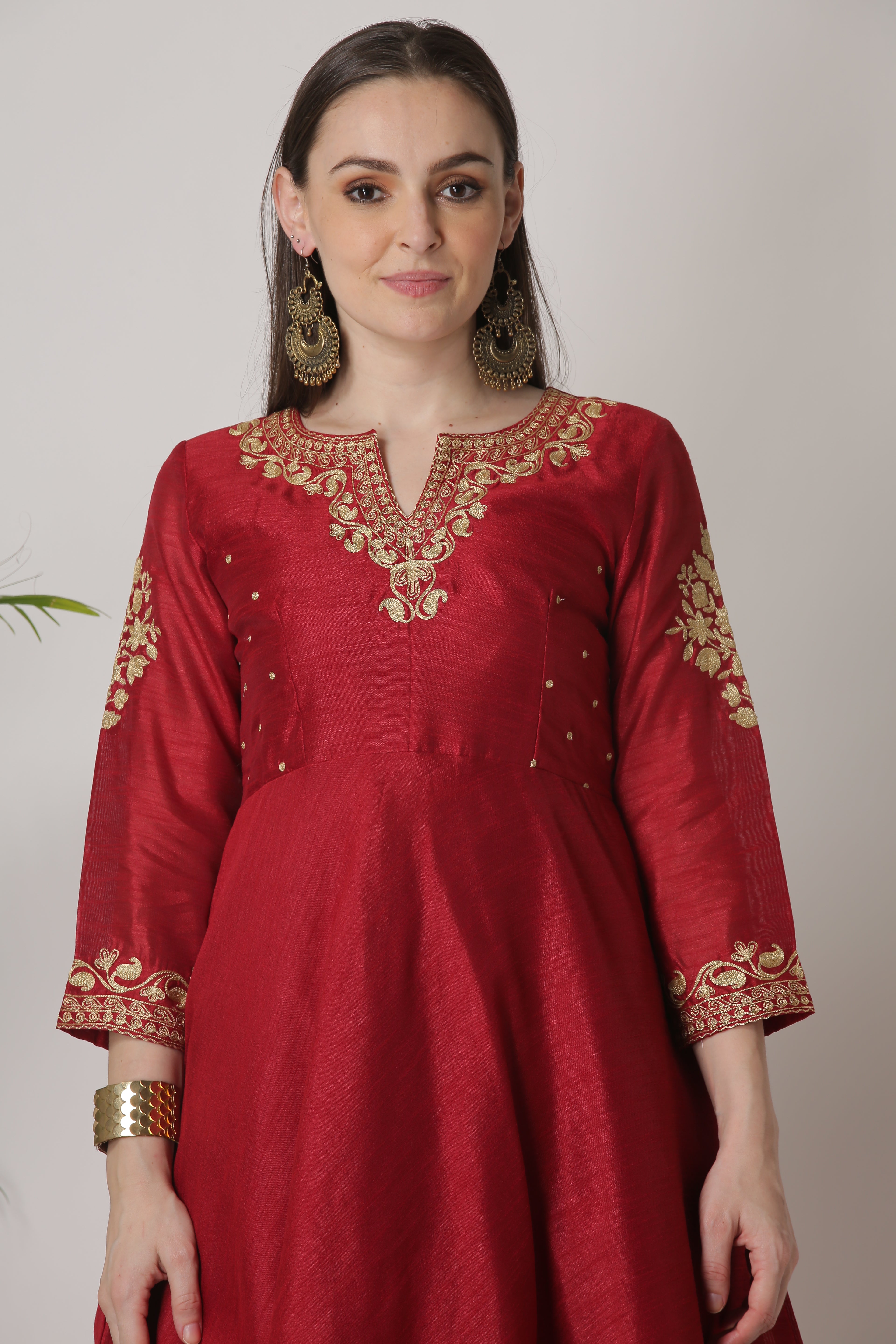 Kaanchie Nanggia Maroon Embroidered Short Length Kurta With Skirt (Set of 2)