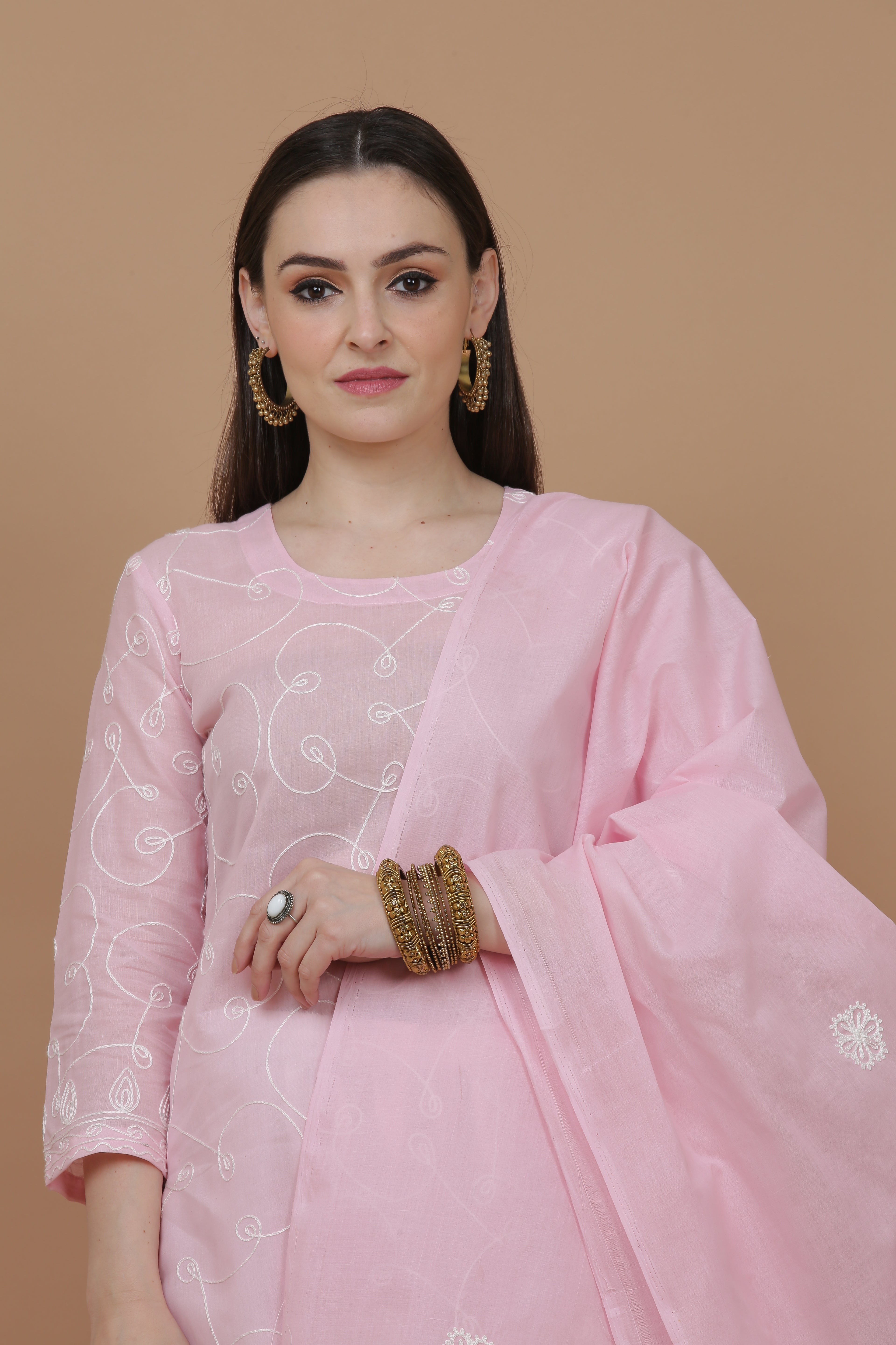 Kaanchie Nanggia Pink Embroidered Kurta And Pant With Dupatta (Set of 3)