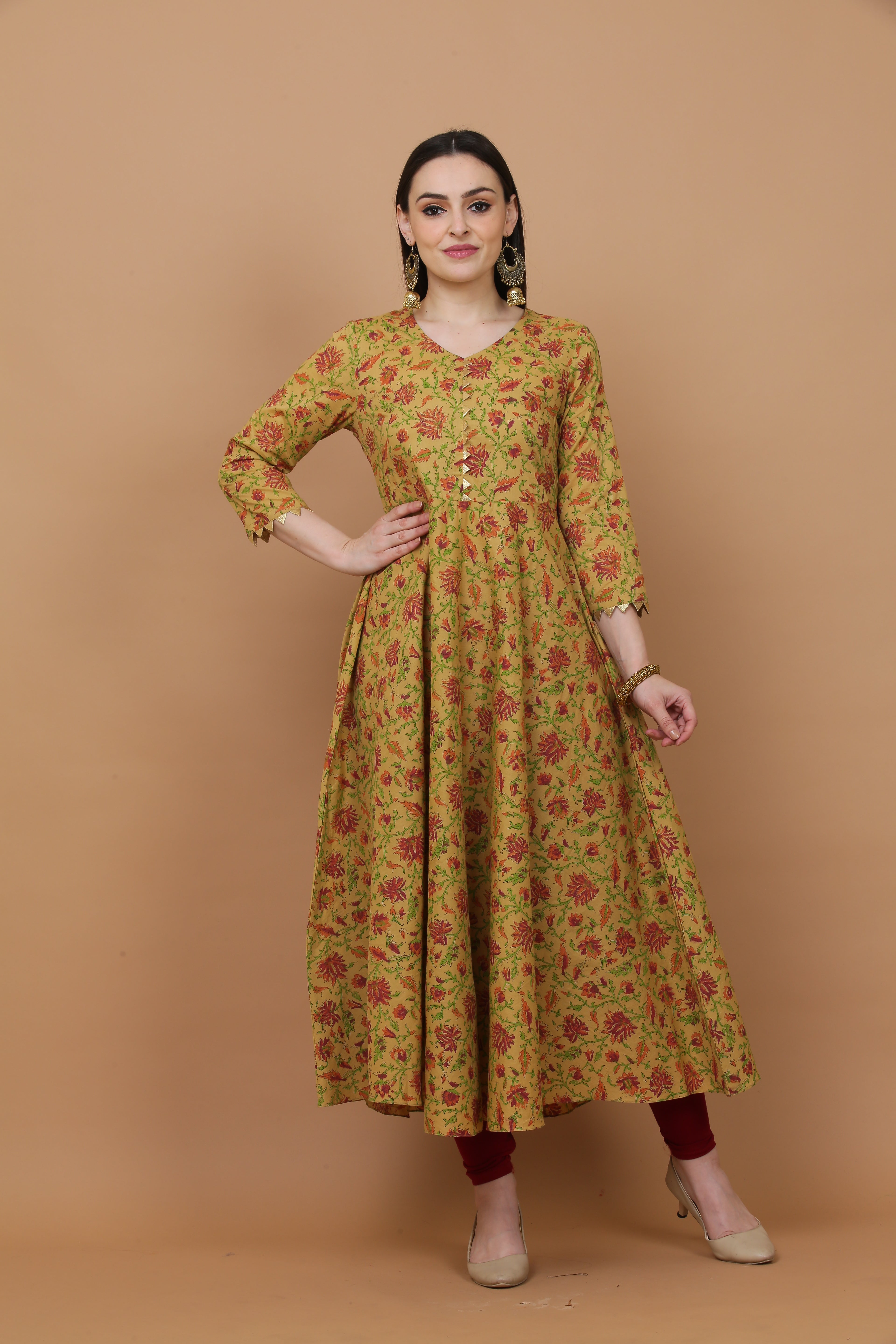 Kaanchie Nanggia Beige Printed Kurta And Bottom With Dupatta (Set of 3)