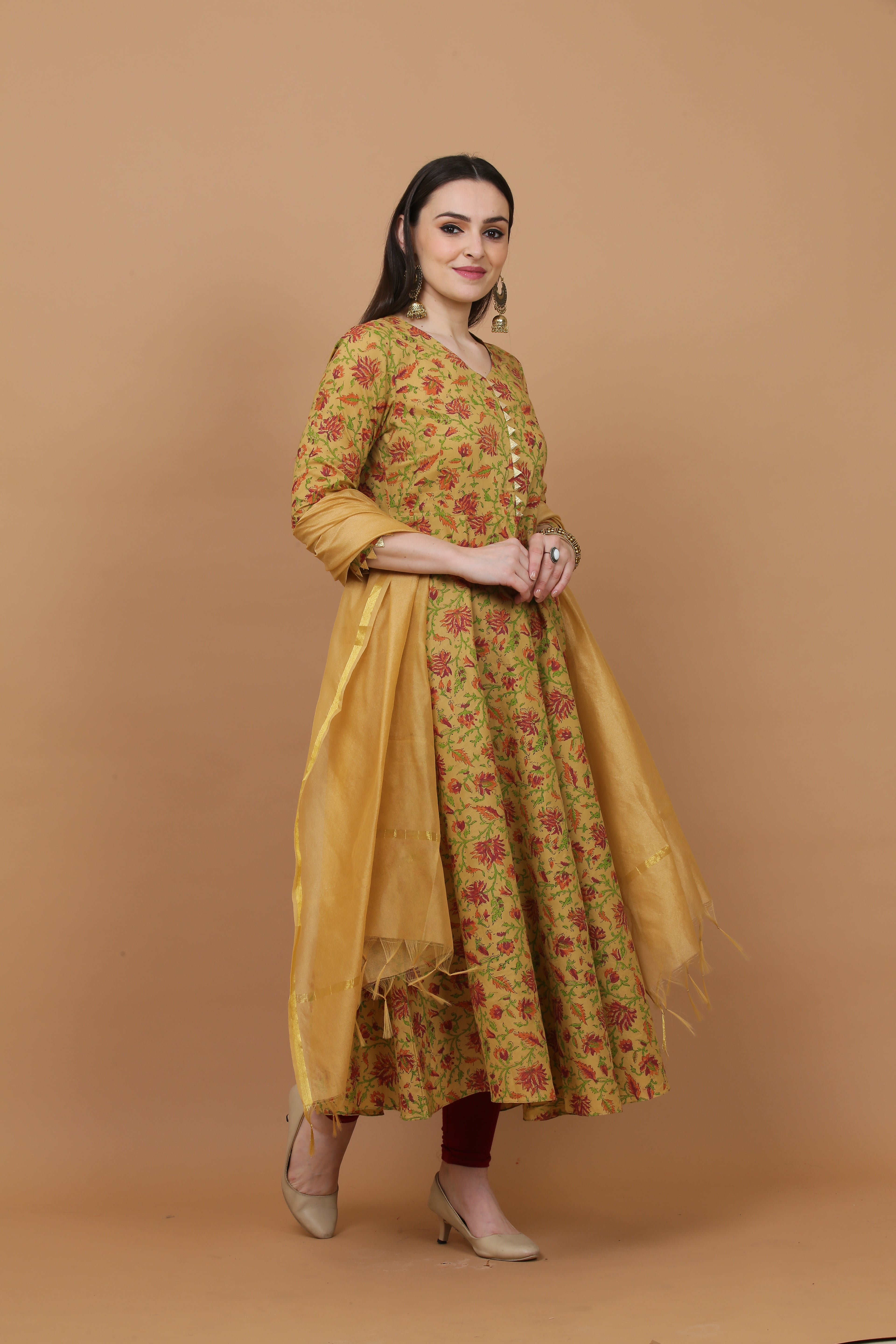 Kaanchie Nanggia Beige Printed Kurta And Bottom With Dupatta (Set of 3)