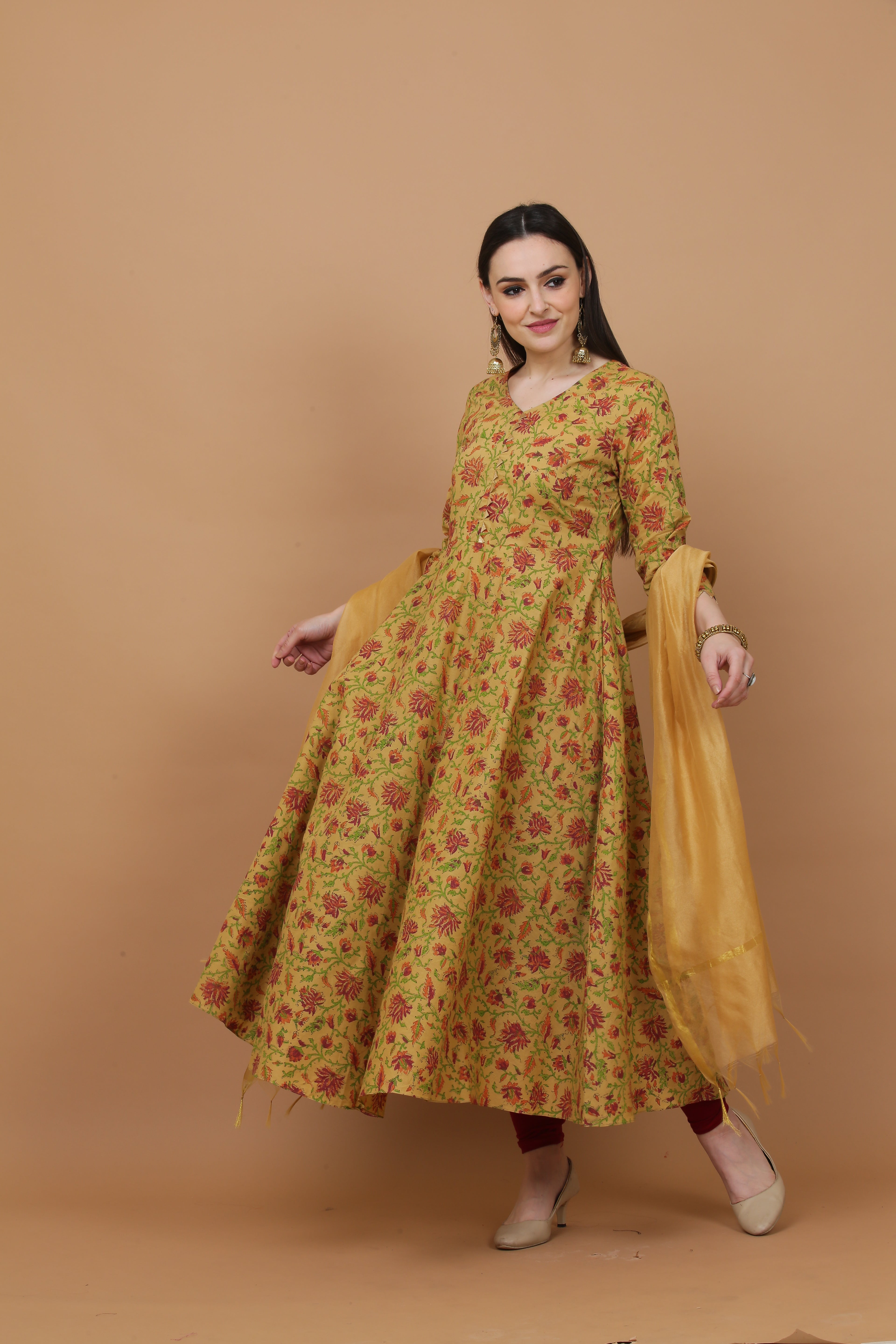 Kaanchie Nanggia Beige Printed Kurta And Bottom With Dupatta (Set of 3)