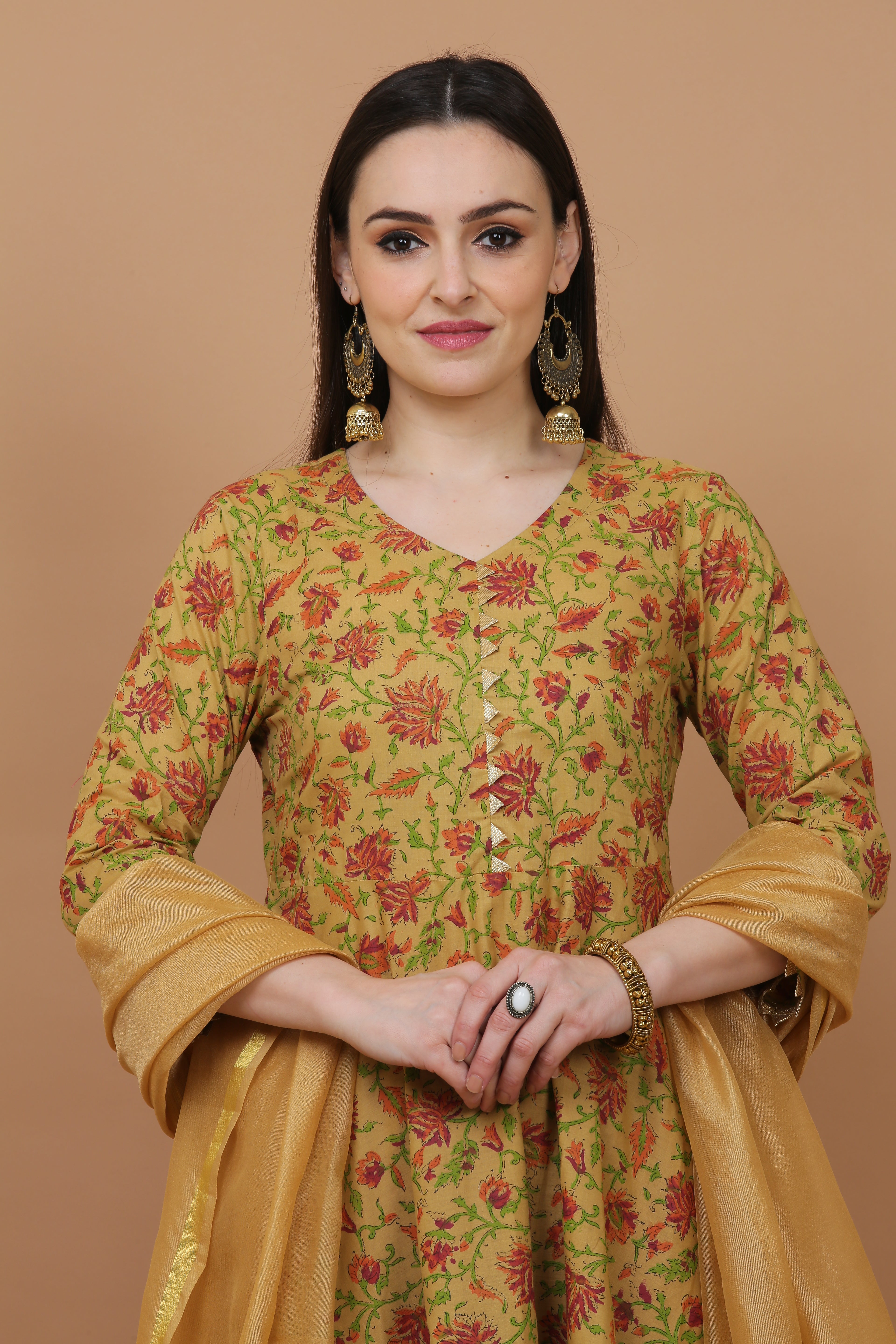Kaanchie Nanggia Beige Printed Kurta And Bottom With Dupatta (Set of 3)